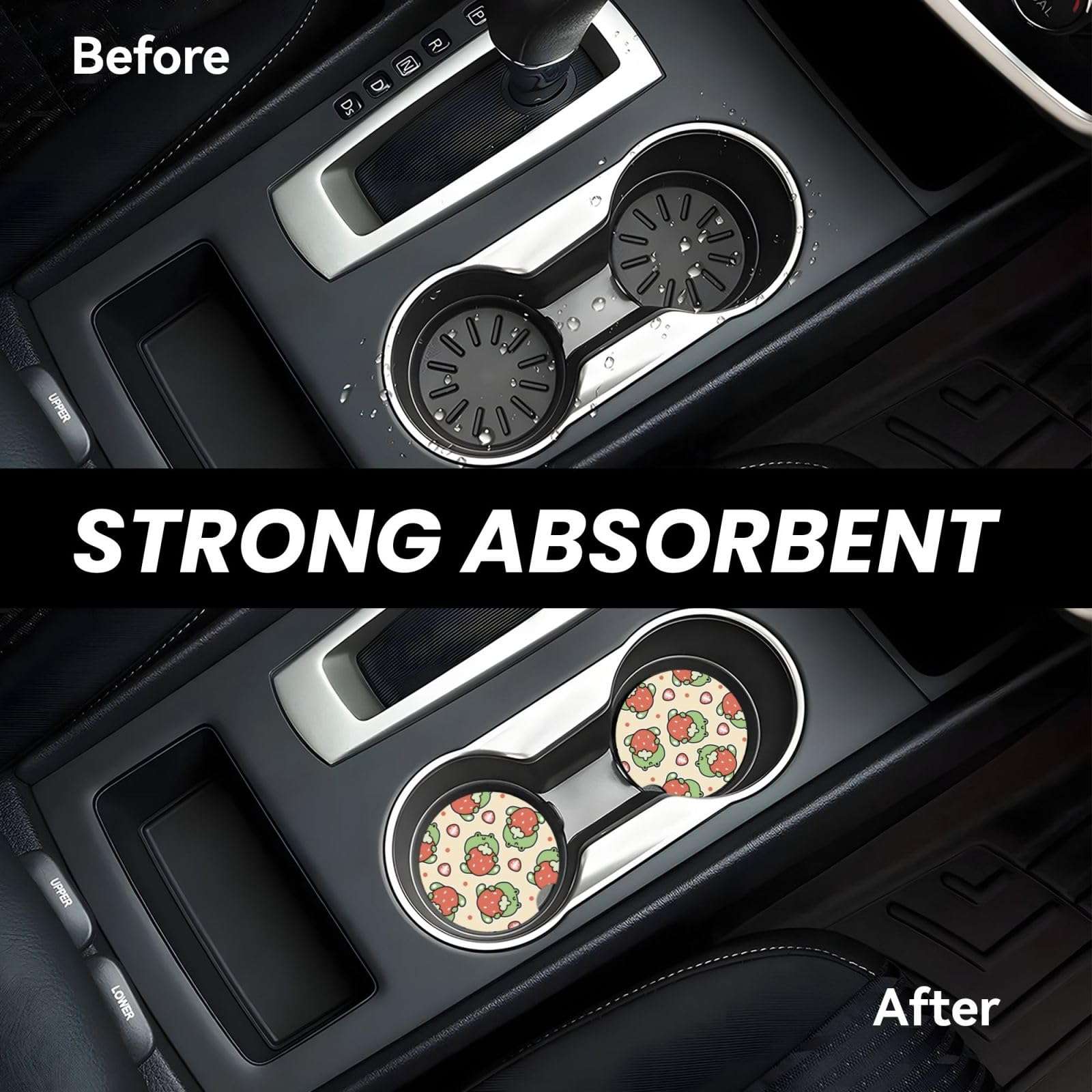 Xiso Ver Frog Hold Strawberry Car Cup Coasters 2 Pack Ceramic Cup Holders 2.56" Cork Base Drink Coasters with Finger Notch for Easy Move of Car Cup Holder 5