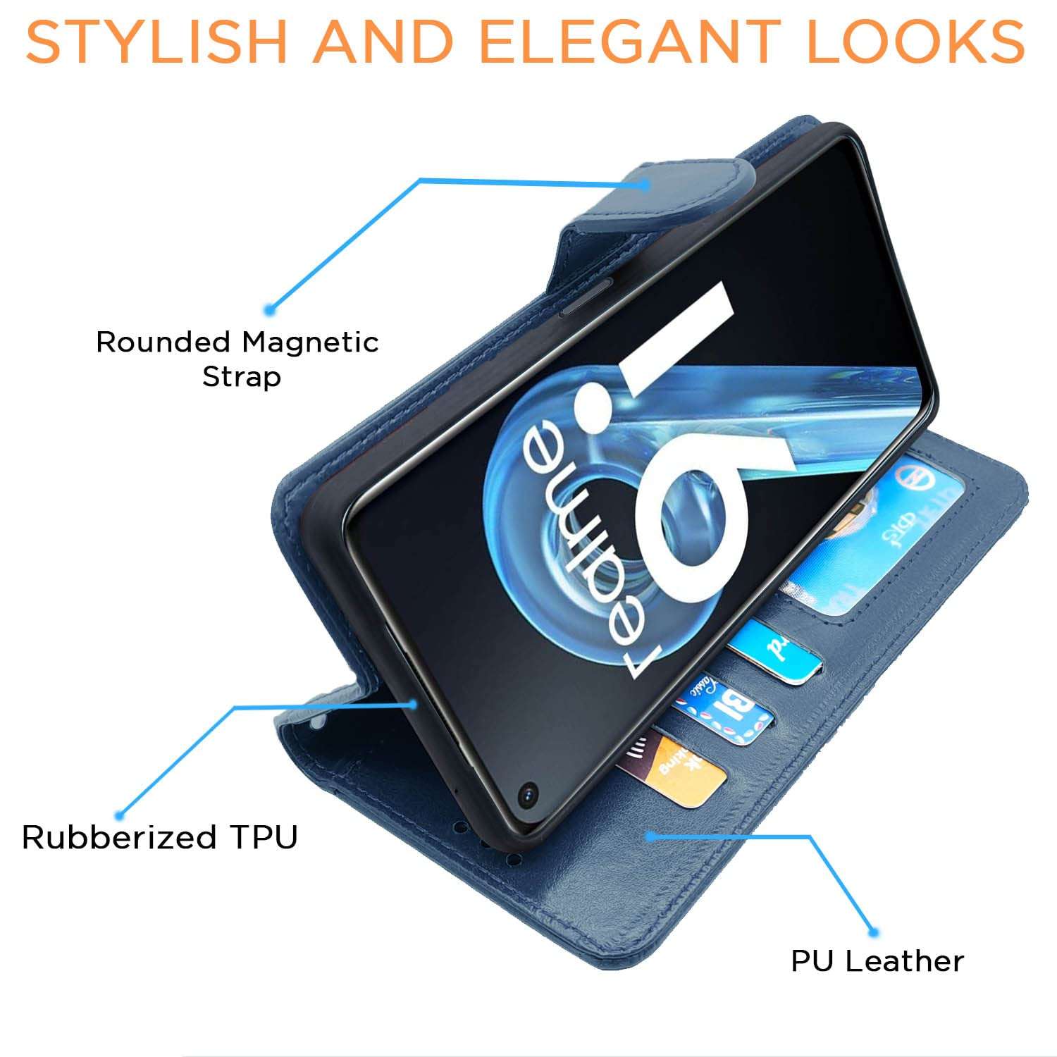 Pikkme Realme 9i Flip Case Leather Finish | Inside TPU with Card Pockets | Wallet Stand and Shock Proof | Magnetic Closing | Complete Protection Flip Cover for Realme 9i (Blue) 6