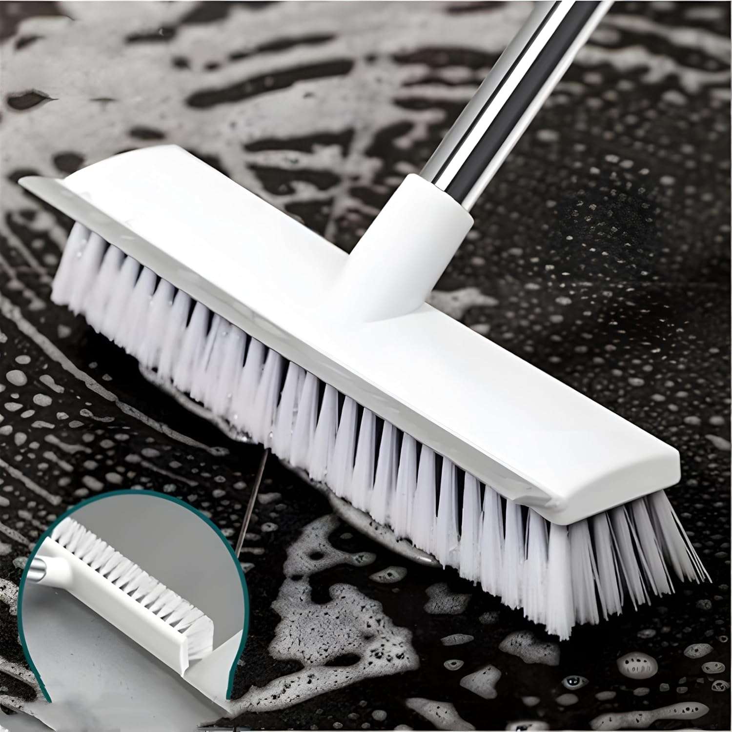 CLEANHOME Bathroom Cleaning Brush with Wiper, Floor and Tiles Cleaner Brush, Bathroom Cleaning Accessories, Cleaning Brush with Long Handle, Versatile Washroom Brush Cleaner (Medium)