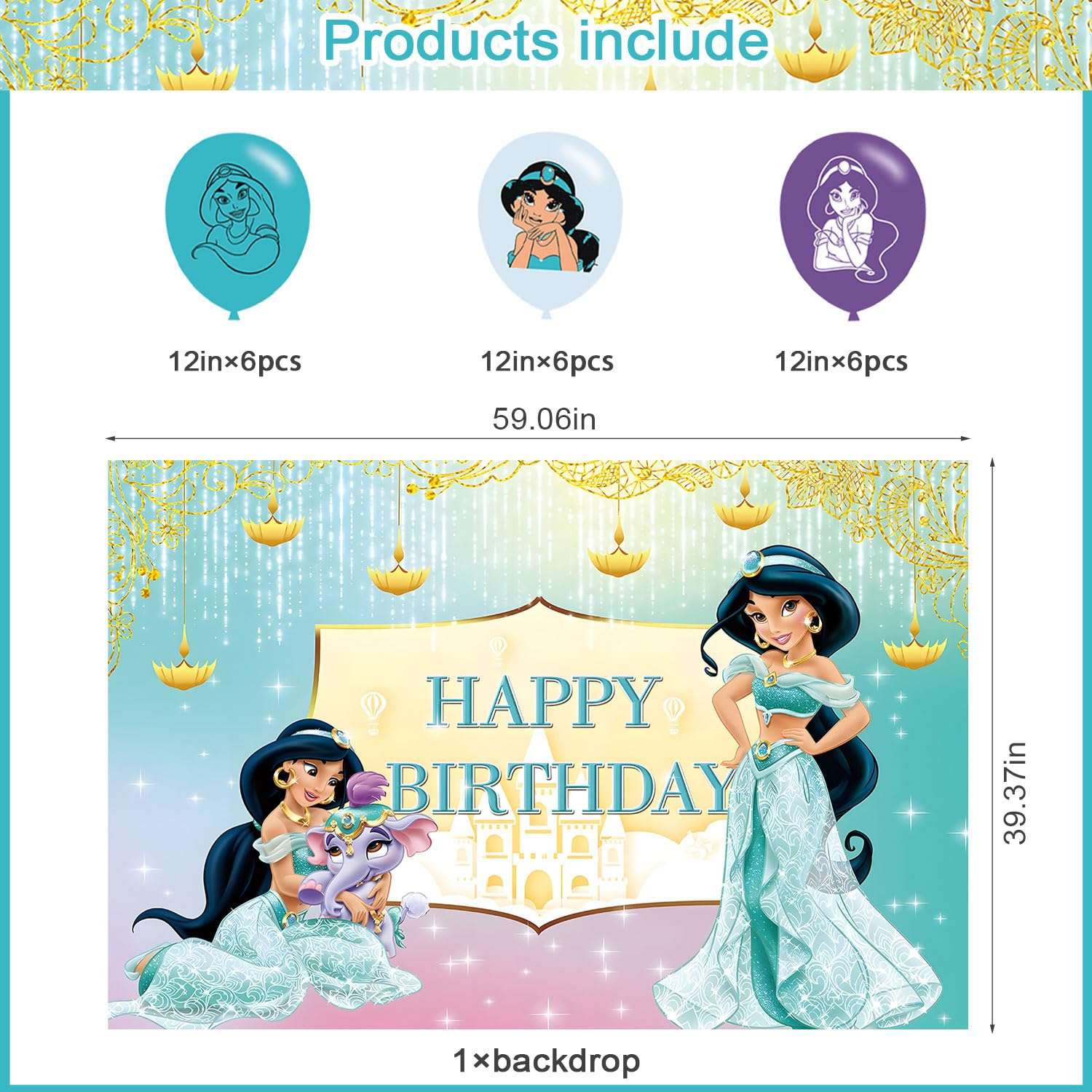 Princess Jasmine Birthday Party Decoration,Princess Party Photo Background 5 x 3 FT and 18 Pcs Balloon,Merch Party Backdrop Supplies 3