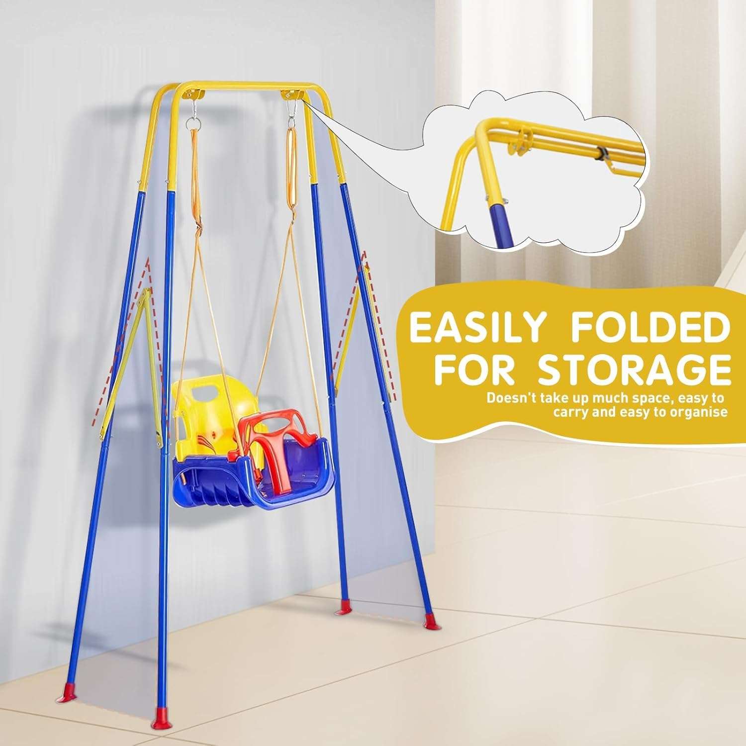 JUMIX Toddler Swing Set with Frame Indoor & Outdoor Baby Swing with Foldable Metal Stand Kids Swing Set for Backyard, Easy to Assemble & Store, Blue 6