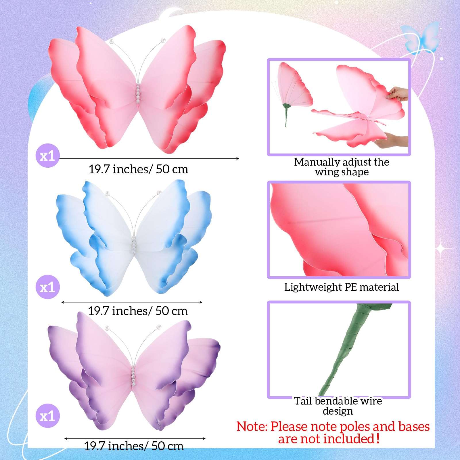 Havawish 3 Pcs Giant Butterfly Decoration Artificial 3D Large Butterflies Prop for Wedding Reception Birthday Garden Banquet Ceremony Church Pink Purple Blue 3