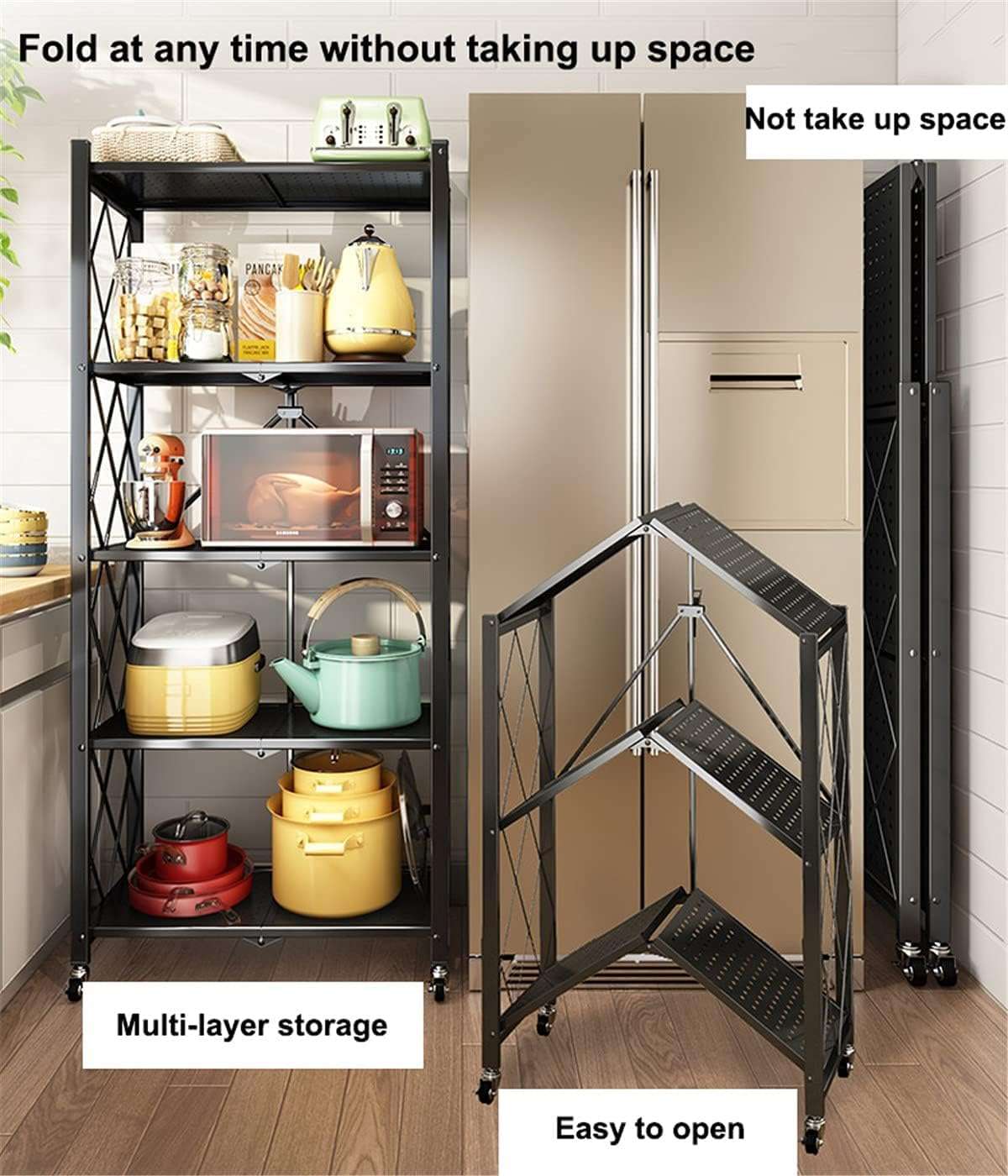 Oumffy Black Adjustable Set of 4-Shelf Metal Organizers Rolling Cart Display Wire Rack, with Wheels Storage Shelving Unit,Heavy Duty Garage Storage Rack, Metal Kitchen Shelf, 47 Inches Height, Black 5
