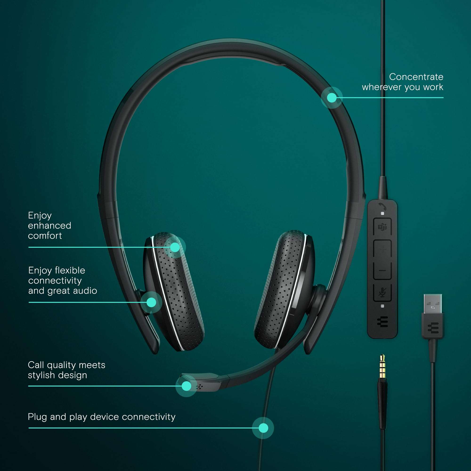 EPOS Adapt 165T USB II - Wired, Double-Sided Headset - 3.5mm Jack/USB Connectivity - Teams Certified-UC Optimized-Superior Stereo Sound-Enhanced Comfort-Call Control- Black 2