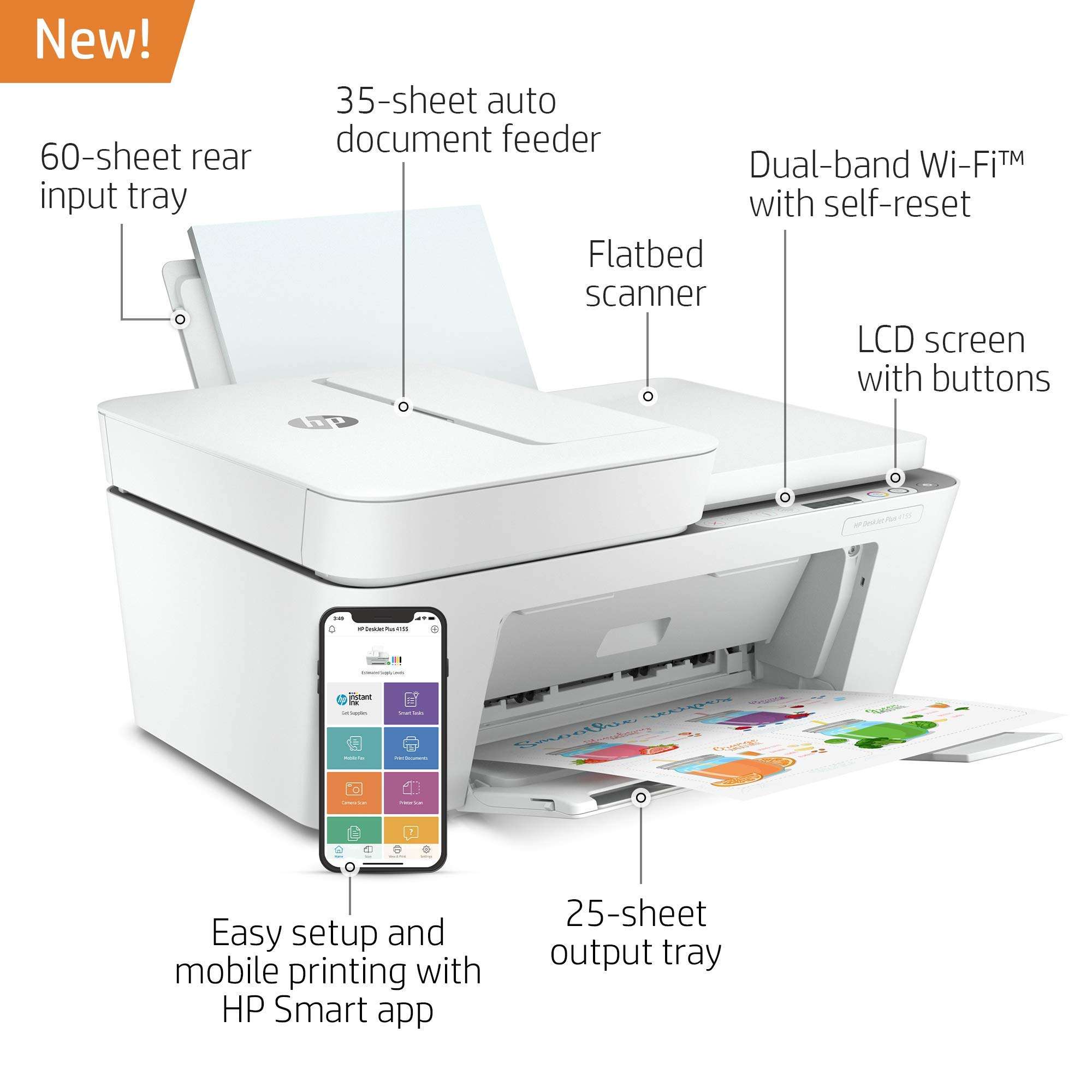 HP DeskJet Plus 4155 Wireless All-in-One Printer - Compact Inkjet Printer with Mobile Printing, Scanner, Copier, Bluetooth, Home Office & WiFi Compatible - 3XV13A (Renewed) 2