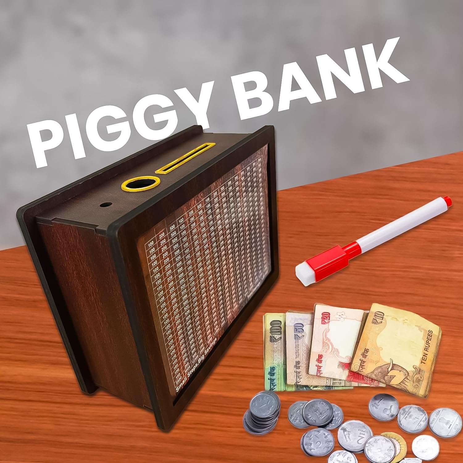 Wooden Coin Piggy Bank for Kids, Money/Piggy Bank, Carved Coin Box, Savings Challenge Box, Money Saving Box for Adult, Money Save Box, Gullak Savings Box, 100000 Money Saver 5