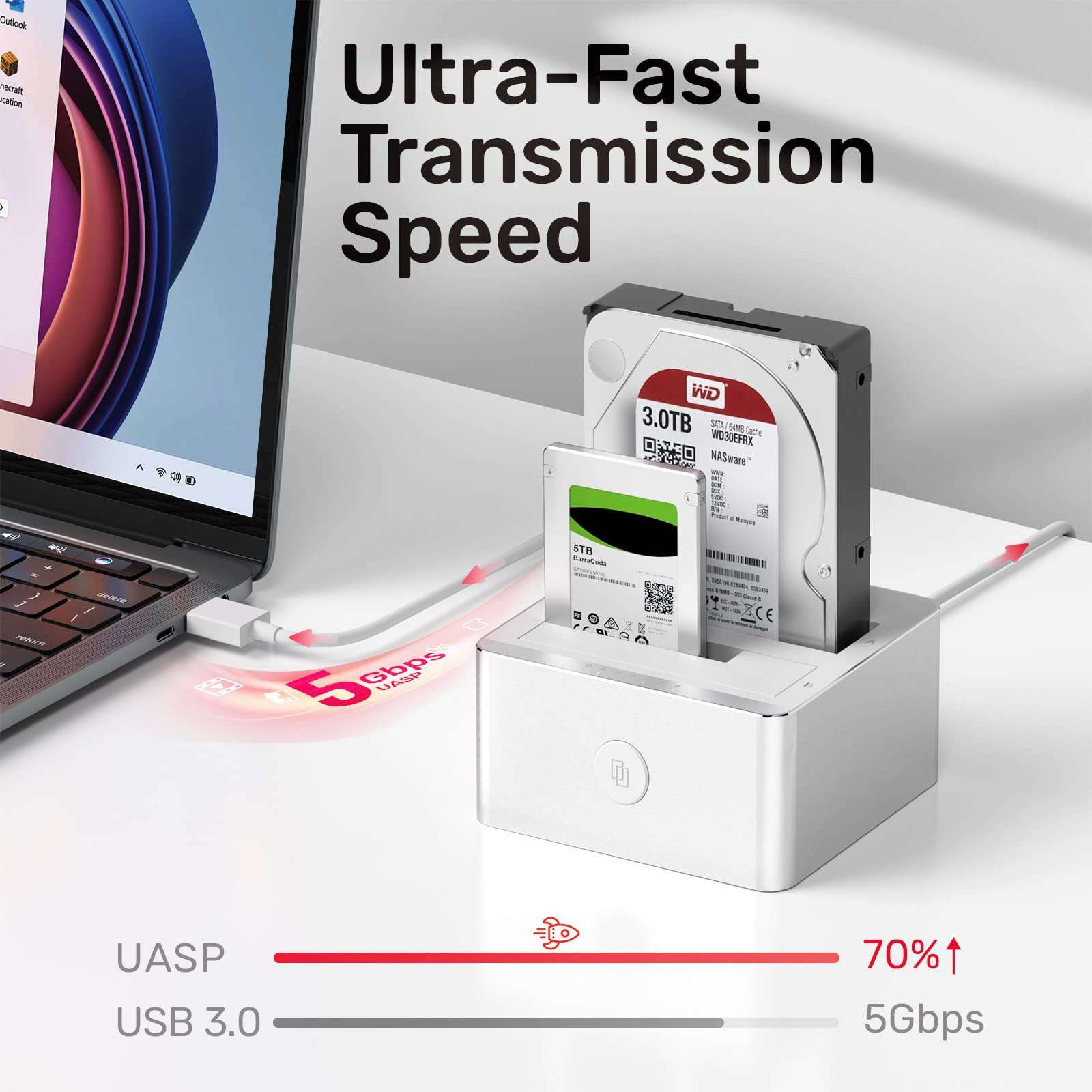 Unitek Aluminum USB 3.0 to SATA Dual Bay External Hard Drive Docking Station with UASP for 2.5 / 3.5-inch HDD SSD, Hard Drive Duplicator/Offline Clone Function (2 x 18TB Support)-Silver 4