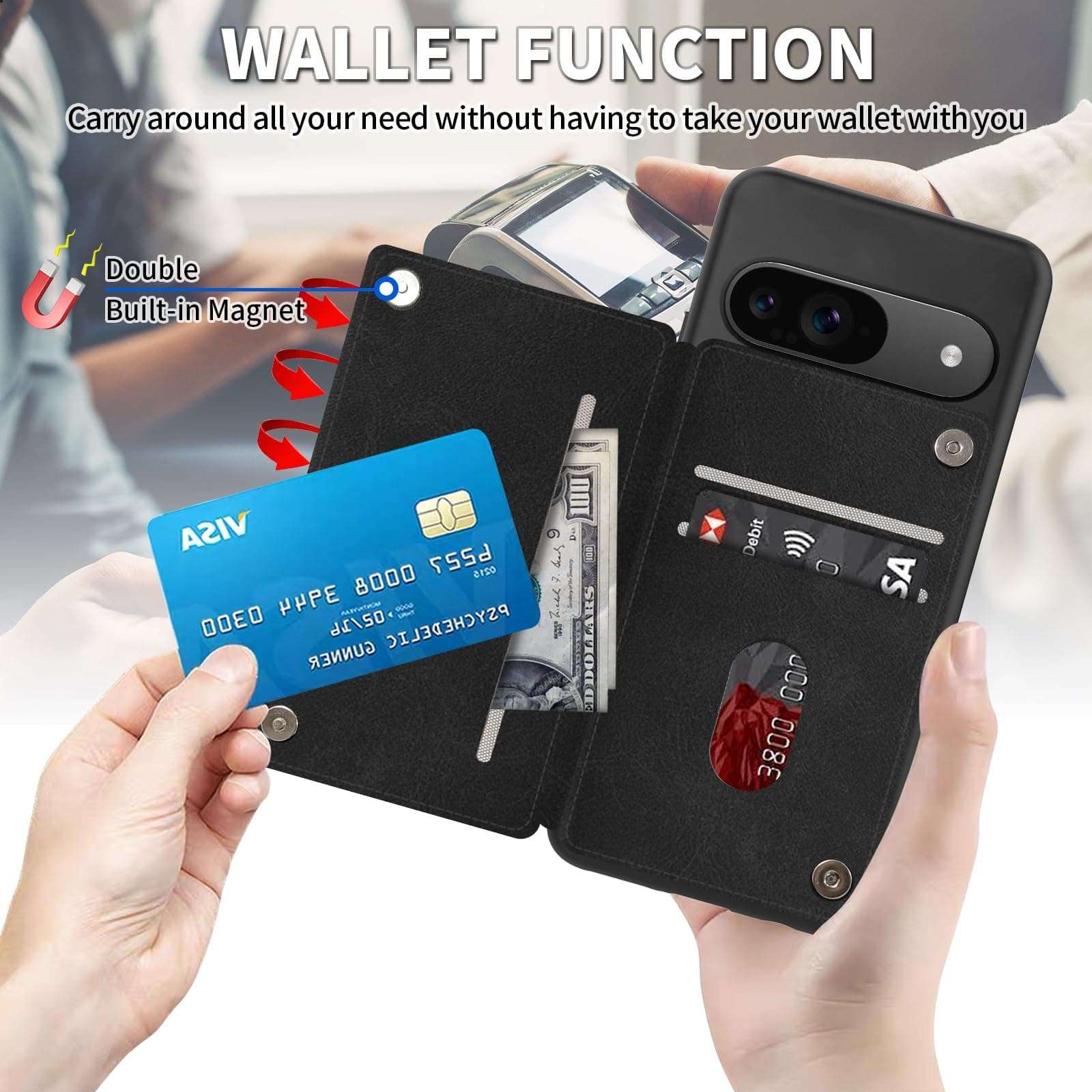 ACWDMKH for Google Pixel 9 Case Wallet with Card Holder&Wrist Strap,for Pixel 9 Case for Women Flip Leather Kickstand Card Slots Case,Double Magnetic Clasp Case Cover for Pixel 9,Skulls America Flag 5