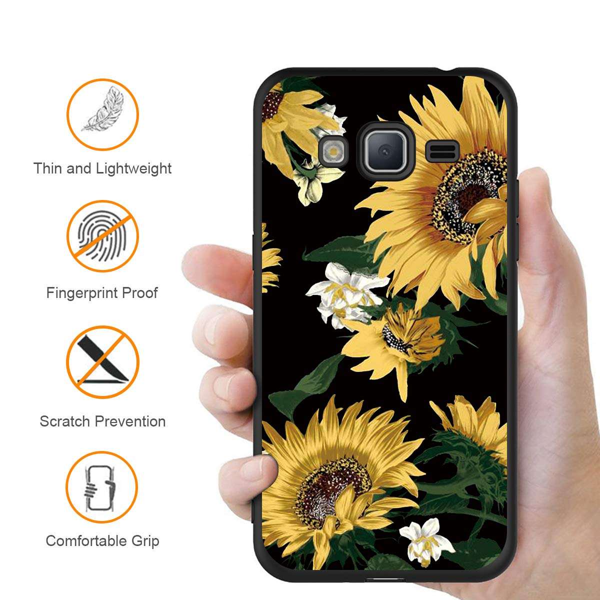 Yoedge Case for Galaxy J3 2016, Black Phone Case with Pattern 【Ultra Slim】 Shockproof Flexible Soft Gel TPU Silicone Back Cover Bumper Skin for Samsung Galaxy J3 2016 (Sunflower) 5