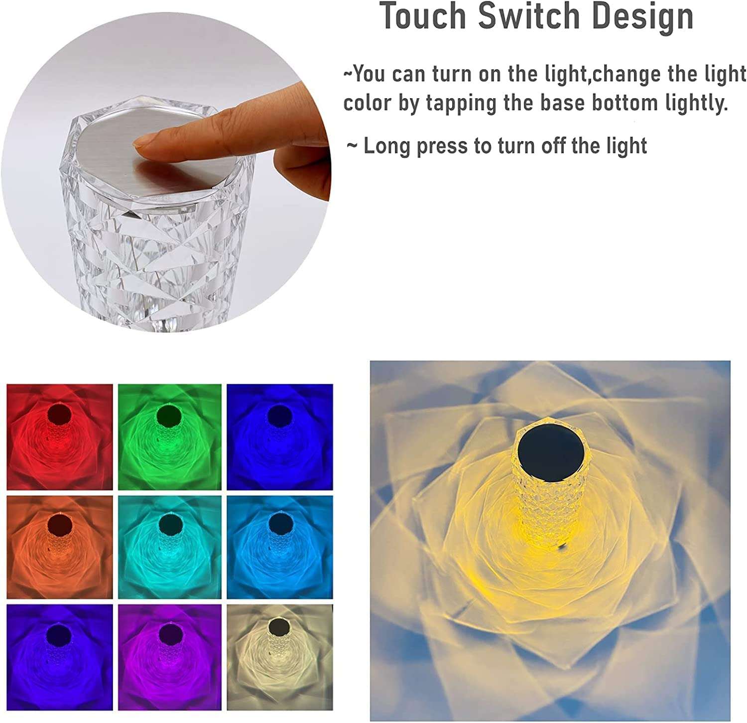 VAKRA Crystal Rose Diamond 16 Color RGB Changing Mode LED Night Lights - USB Remote and Touch Control Desk Lamp for Bedroom, Living Room 4