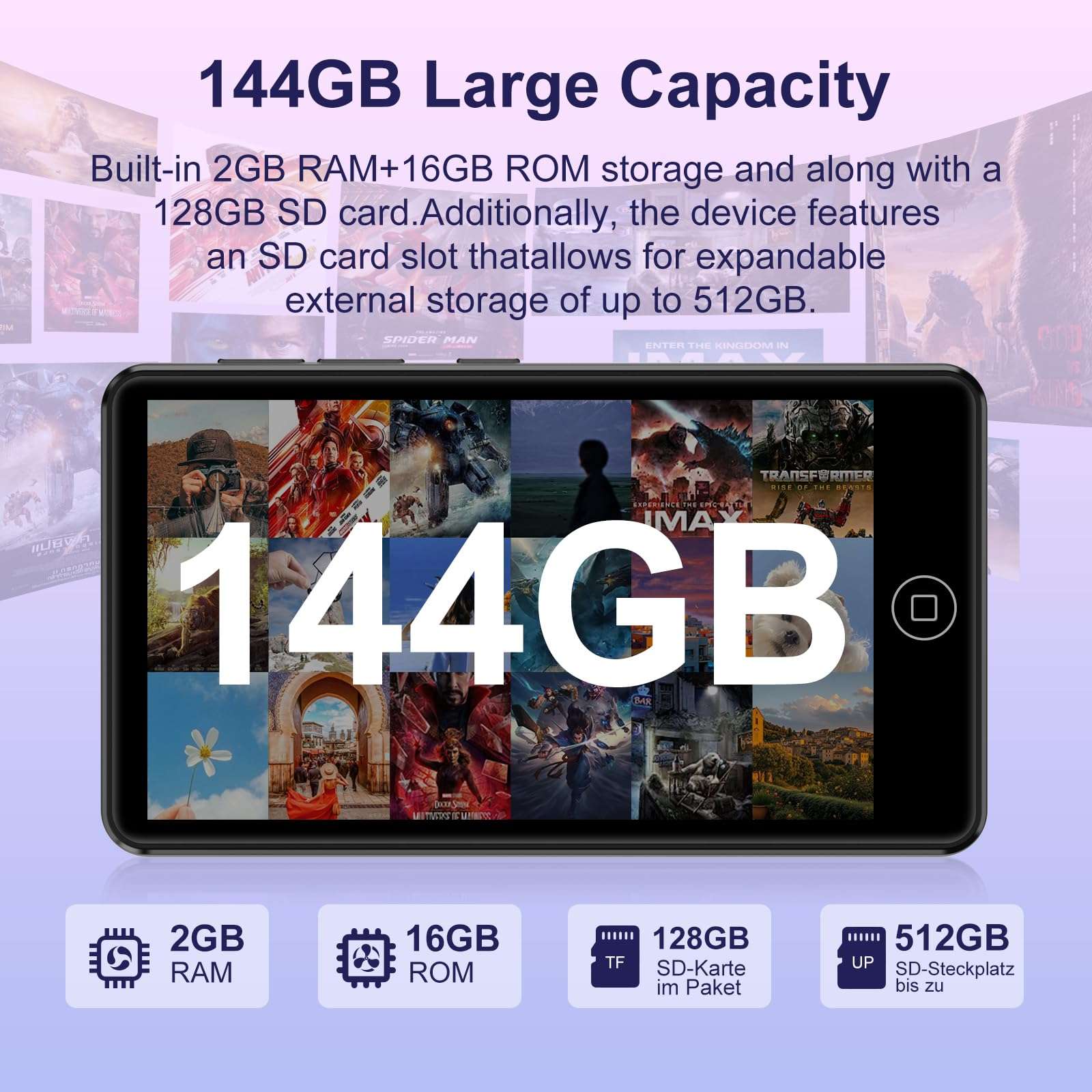 144GB MP3 Player with Bluetooth and WiFi,MP3 & MP4 Players with 4.02-inch Touchscreen and Speaker,Spotify Music Players with Pandora,Audible,Amazon Music,Spotify,Play Store,Up to 1TB 3