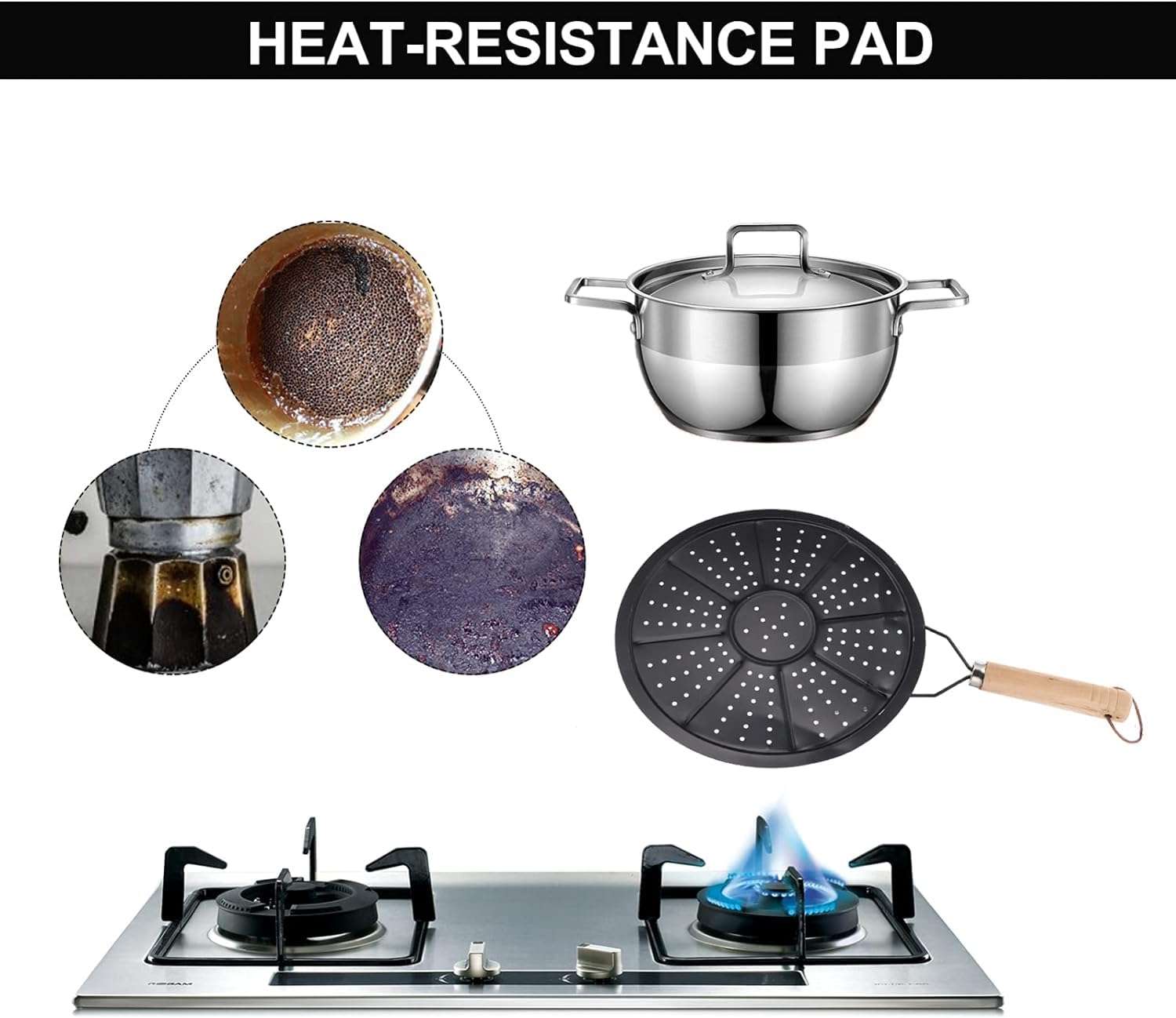 VBM Insulation Heat Diffuser Pad With Wooden Handle Cast Iron Plater Milk,Coffee,Tea Hob Hot Plate Reducer Flame Guard Simmer Plate Cooking Pot 4