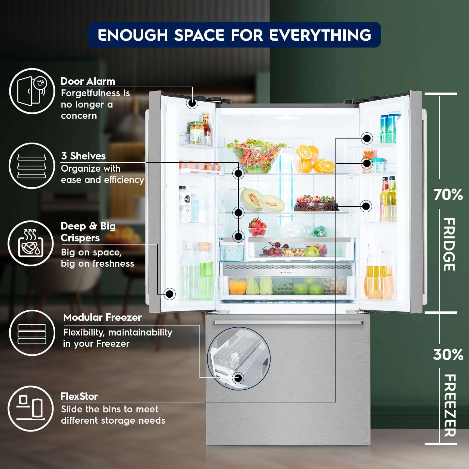 Electrolux 524L Frost Free Inverter French Door Refrigerator, TasteLockAuto Technology, AutoIce & EvenTemp Function, Arctic Silver Steel, UltimateTaste 700, EHE5224C-A 4