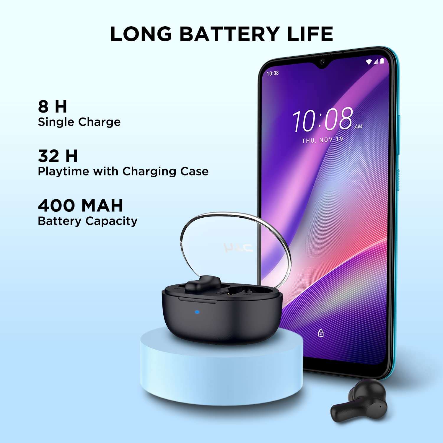 HTC True Wireless Earbuds 1 Bluetooth Stereo Earphones, in Ear Headphone with Transparent Charging Case, 32-Hour Playtime/Built-in Microphone/Touch Control for Calling -Crystal Black 2