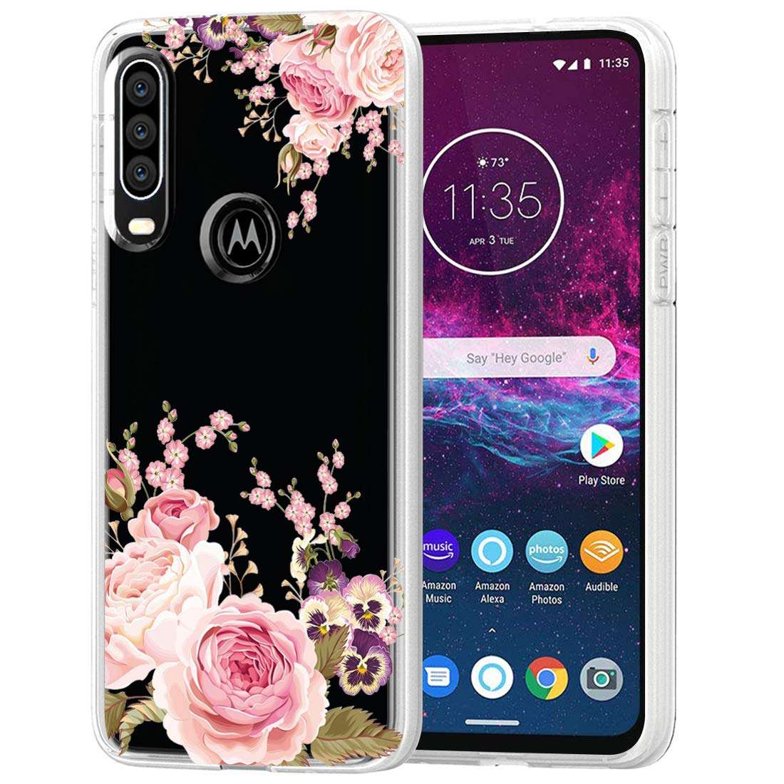 Ueokeird Case for Motorola One Action,Moto P40 Power Case, Slim Shockproof Clear Soft Flexible TPU Back Floral Phone Protective Case Cover for Motorola Moto P40 (Rose Flower)