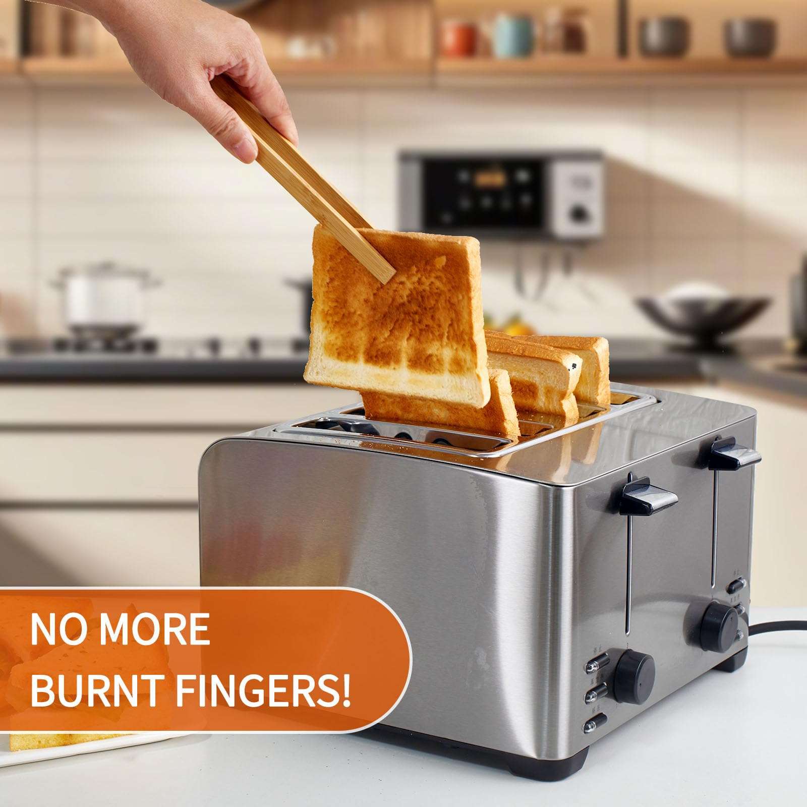 KAQISIMILA 8.9 Inch Natural Bamboo Toaster Tongs with Magnetic Holder -Kitchen Utensils for Toast, Bacon, Muffins, Bagels (2-Pack) 5