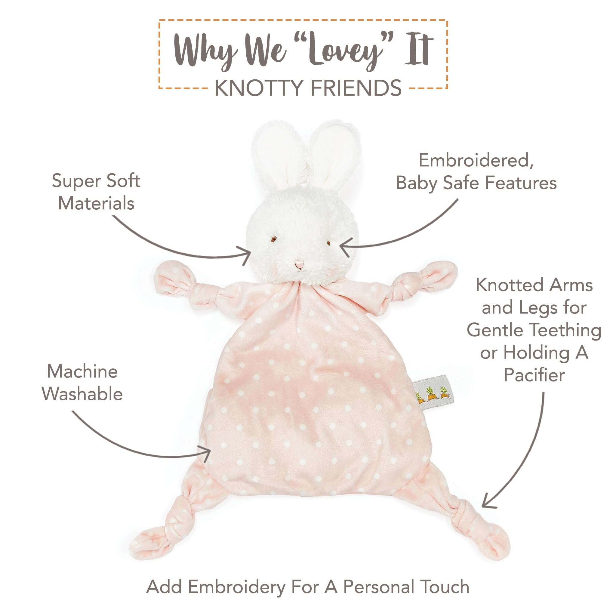 Bunnies By The Bay "Blossom" Knotty Friend Baby Stuffed Animal Blanket - Plush Baby Lovey - Best Friend Blanket - 10” Multicolour 2