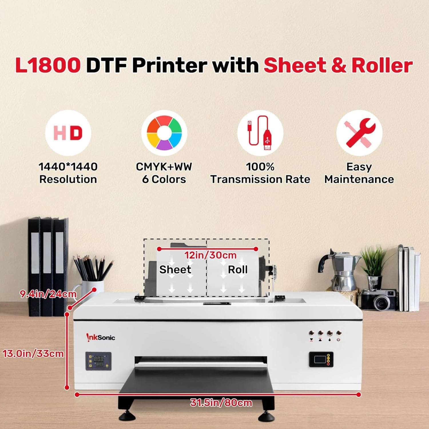 InkSonic L1800 DTF Printer, A3/13" Width DTF Transfer Machine, E13 | Custom Garment Printing, Multi-Material Compatible, Direct To Film, White Ink Circulation System & Auto Clean, Built-in Heating 3