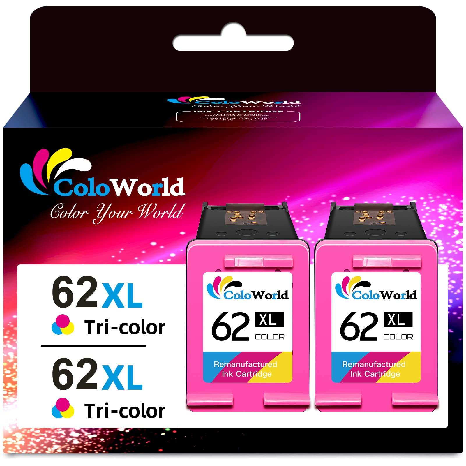 ColoWorld 62XL Color Ink Cartridges for HP 62 Color Ink Cartridges, Compatible for Envy 7640 5660 5540 5661 5642 5640 5640 5663 5544 5542 5549 for OfficeJet 5740 250 5745 5746 200 Printer, 2 Pack 1