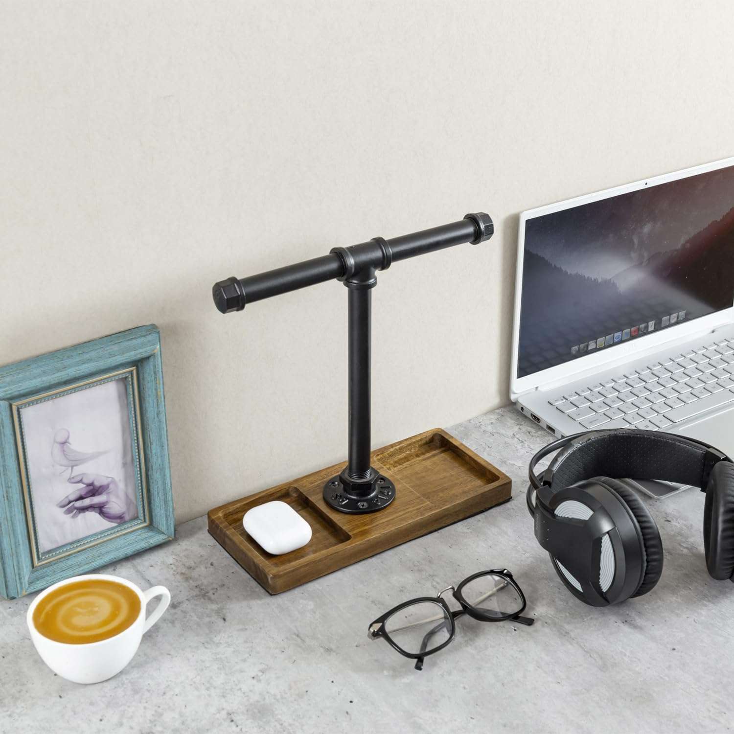 MyGift Premium Acacia Solid Wood and Industrial Black Metal Pipe T-Bar Over Ear Headphones Holder, Tabletop Dual Headphone Display Stand with Accessories Tray 3
