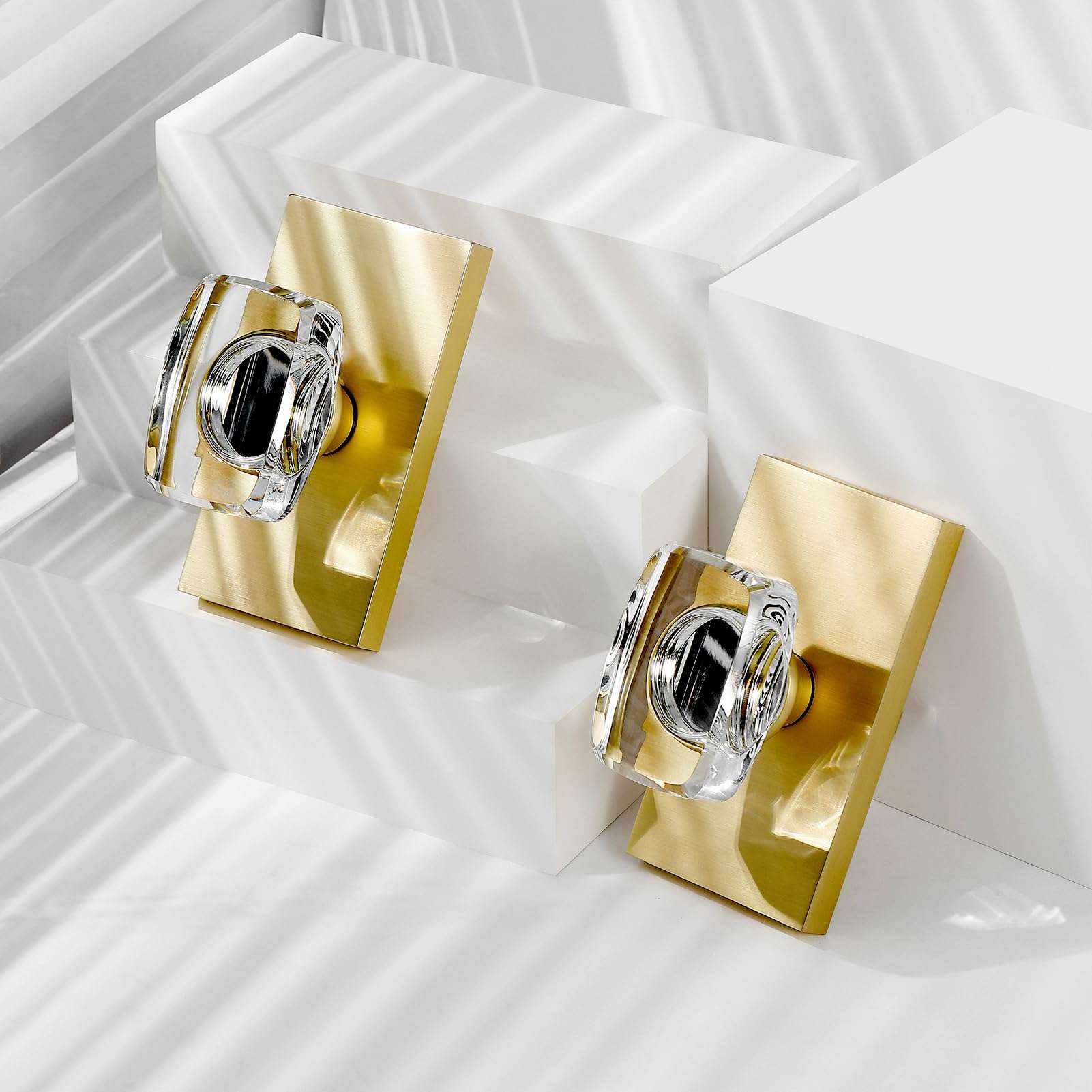 HIEMEY Satin Brass Crystal Glass Dummy Door Knob Interior, Gold Dummy Door Knob for Closet Hall Rectangular Single Side Non-Turning Inactive, 2 Pack 4