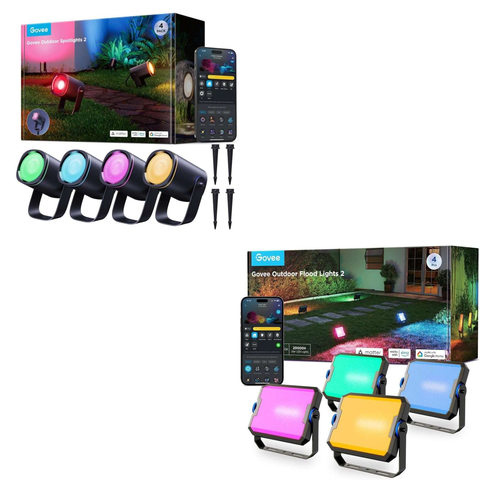 Govee Outdoor Spot Lights 2 4pack Bundle with Govee Outdoor Flood Lights 2 1