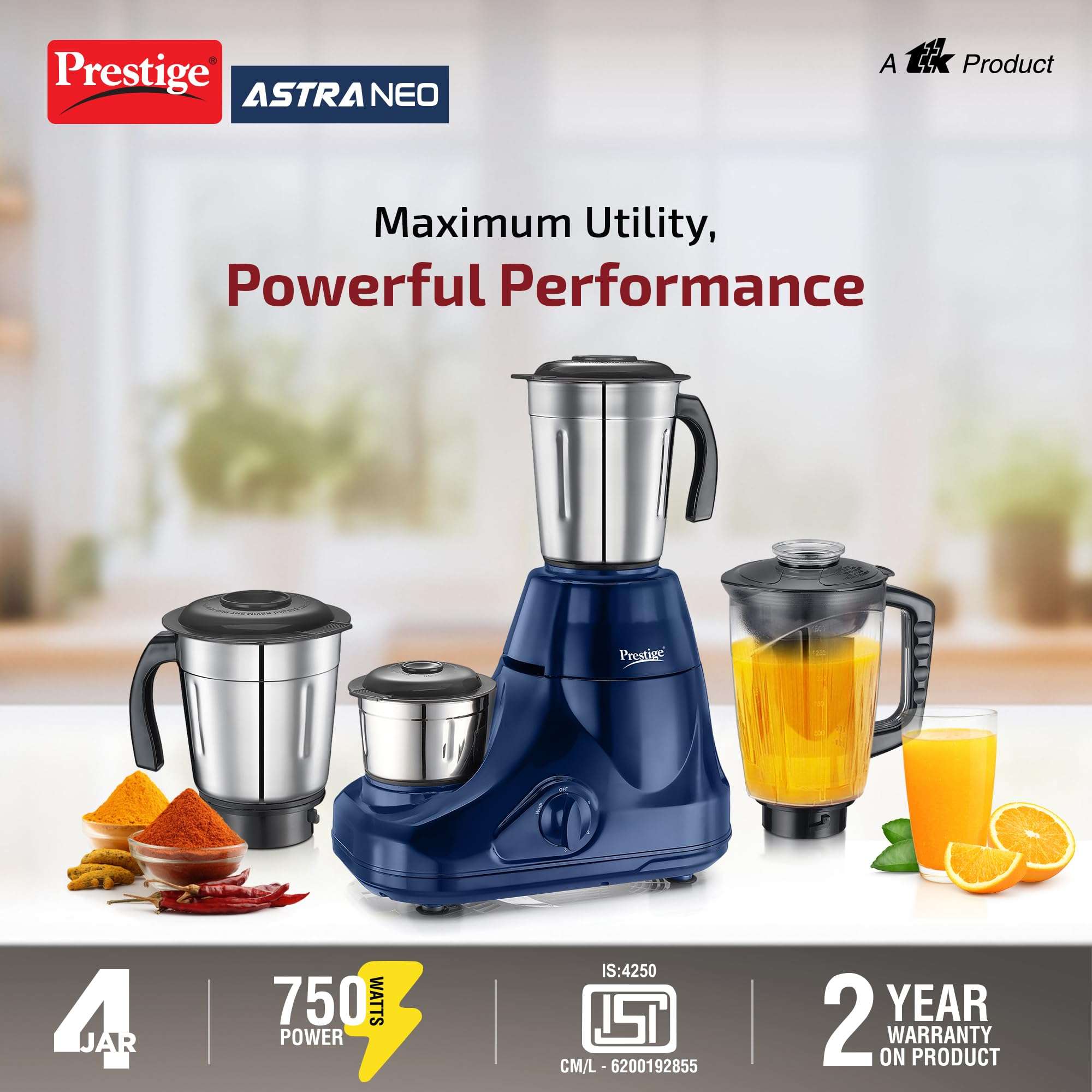 Prestige Astra Neo 750 Watt Mixer Grinder with 4 Jars (3 Stainless Steel + 1 Juicer) | Space-Saving Stacking Design | Super Efficient SS Blades | Blue |2Y Warranty | ISI Certified 4