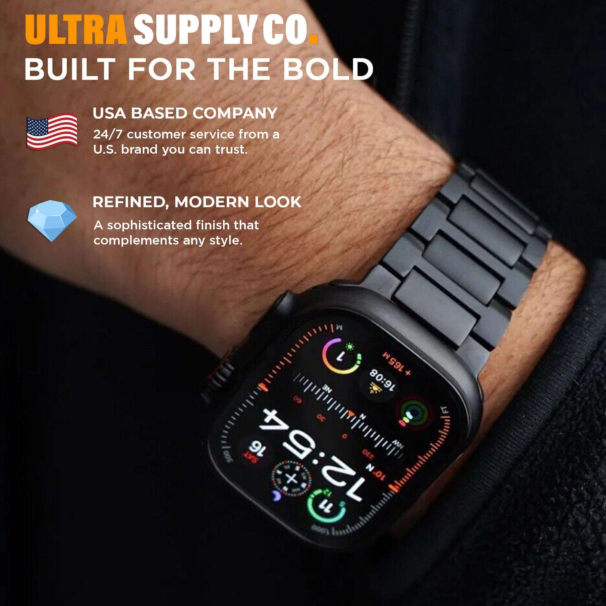 Ultra Supply Co. Titan G4 Titanium Watch Band - Compatible w/Apple Ultra 3, 2, 1 49mm, Series 10 46mm & Older Versions - Metal Strap with Folding Buckle, DLC Coating Scratch-Proof Design - Black 6