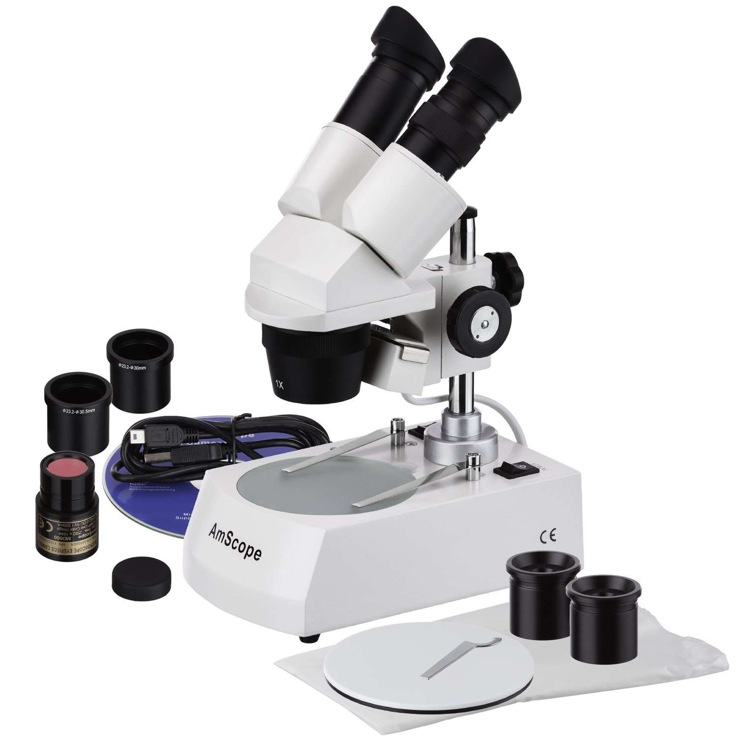 AmScope SE306-AZ-E1 Digital Binocular Stereo Microscope, WF10x and WF20x Eyepieces, 20X/40X/80X Magnification, 2X and 4X Objectives, Upper and Lower Halogen Lighting, Reversible Black/White Stage Plate, Arm Stand, 120V, Includes 1.3MP Camera and Software 1