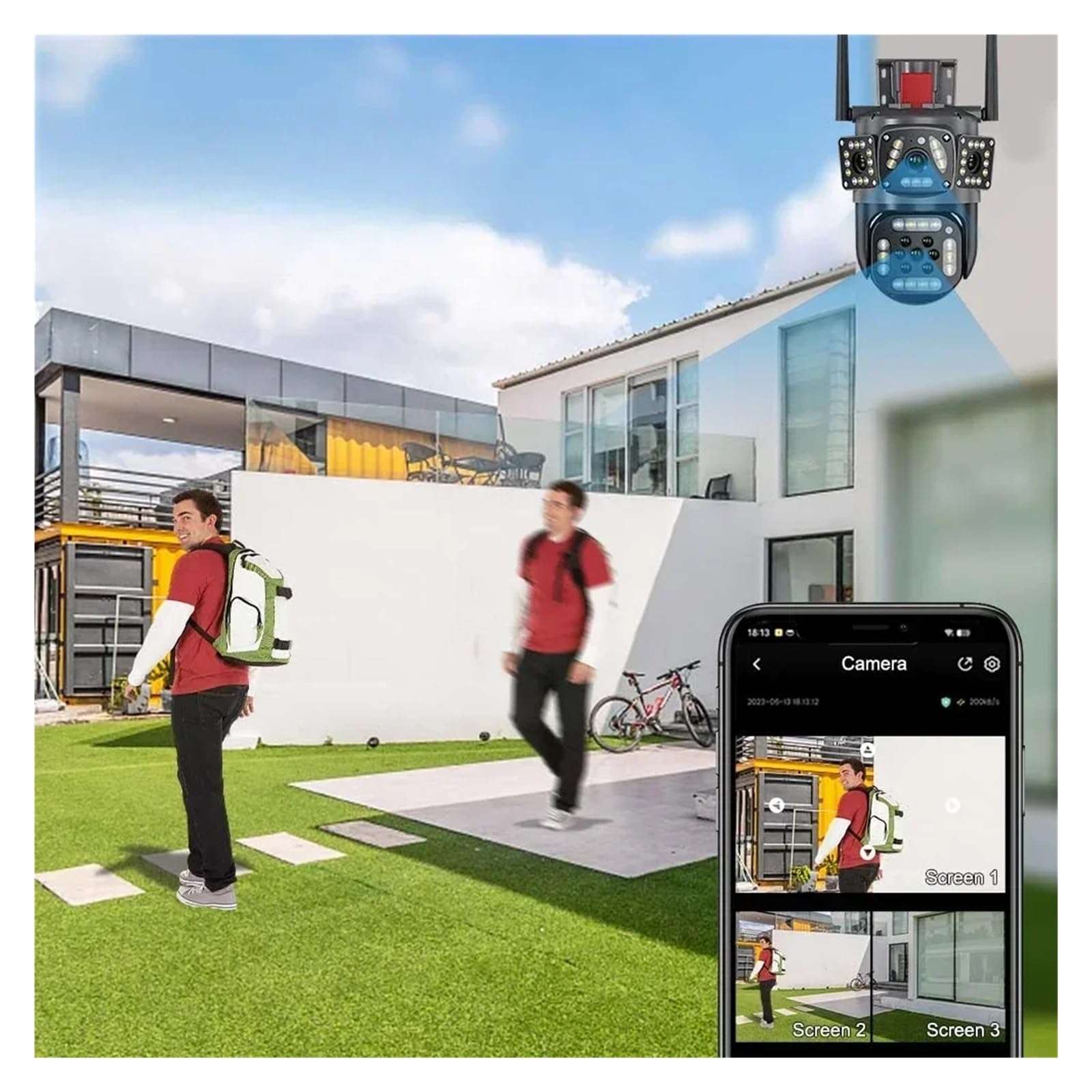 QDVOPHZA 6MP Security Camera WiFi Wireless Outdoor Three Lens IP Cam Home Protection Auto Tracking CCTV Video Surveillance(E/U,6MP 128G) 4