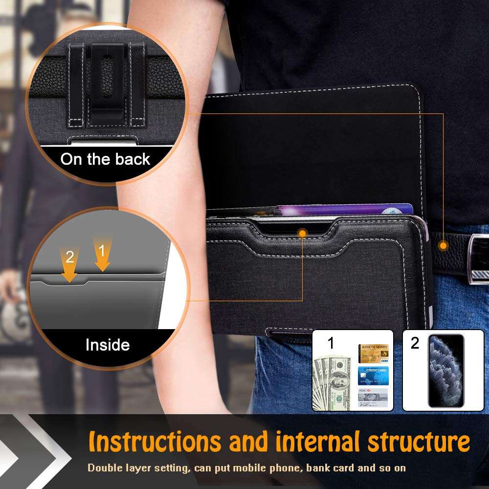 Skycase Holster Case for iPhone 11 Pro Max 6.5,Handmade PU Leather Belt Clip Pouch Wallet Phone Case for iPhone 6 6S 7 8 Galaxy S8 S6 S7 LG g6 Google Pixel 4 Pixel 3 (Fits Up to 6.5" Cellphone) Black 4