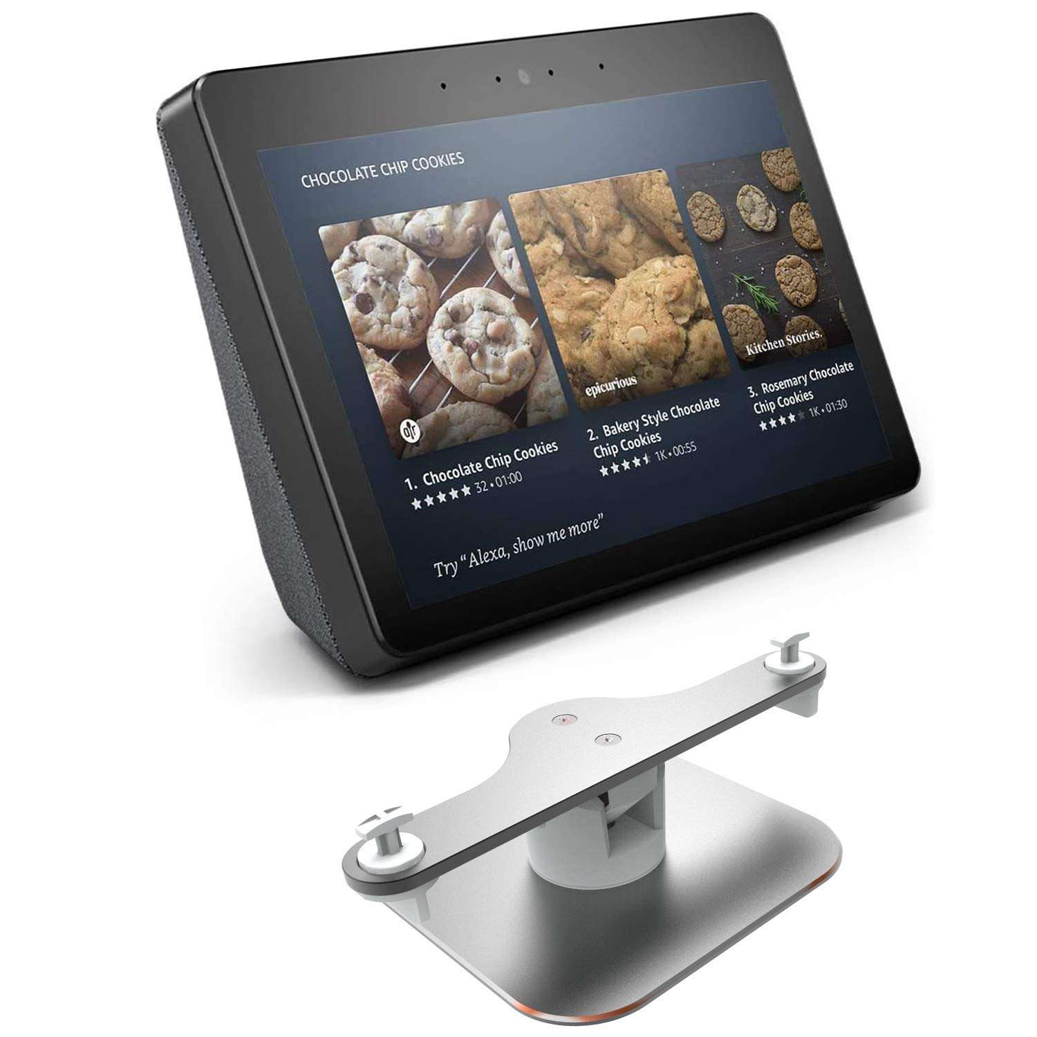 Echo Show Stand Aluminum Swivel Stand for Amazon New Echo Show 2nd Gen Speaker Accessories Horizontal 360 Rotation Longitudinal Angle Change Base White(Rotation Shaft)+Silver MC207-02 1