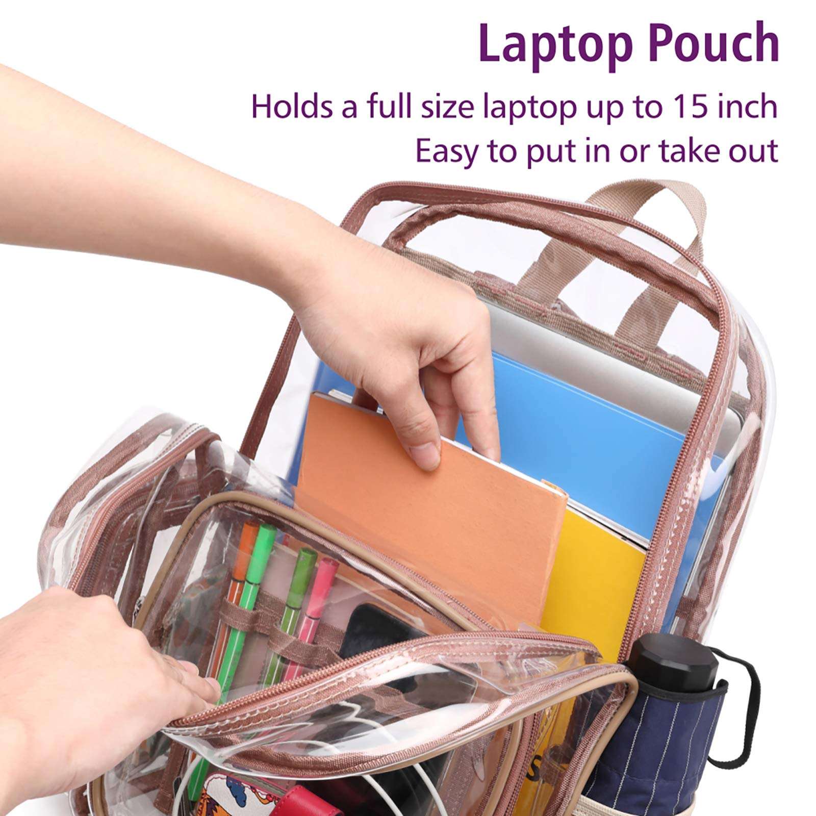 Clear Backpack, Packism Heavy Duty Clear Backpack with Reinforced Straps Waterproof Transparent Backpack with Laptop Compartment Large Clear Plastic Backpack for School, Work, Security, Caramel Colour 6