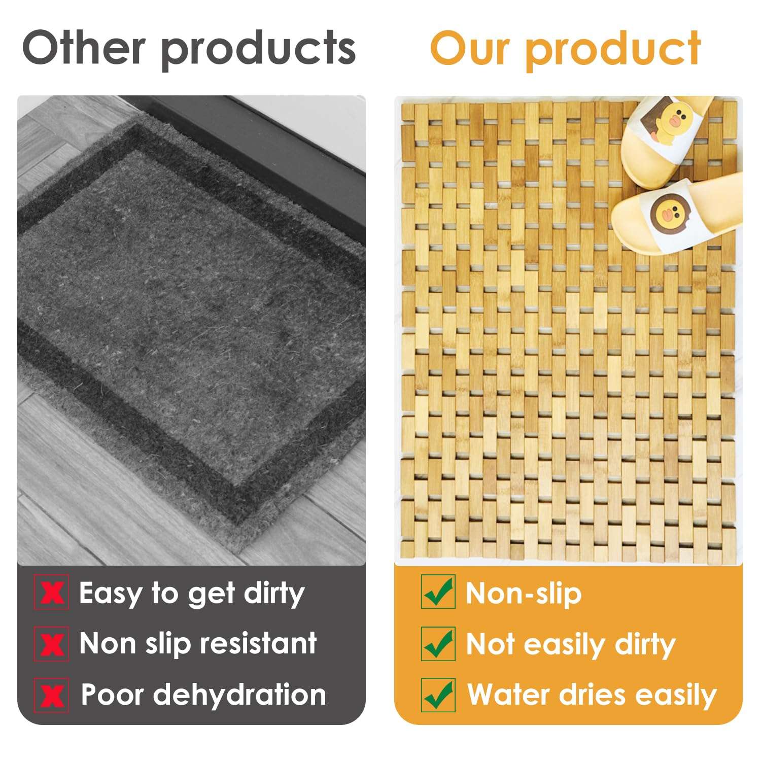 JforSJizT Natural Bamboo Bath Mat with Anti Slip Pads,Bathroom Shower and Bathtub Floor Mats Bath Rugs,Wooden Non Slip Water Proof Mat,Use for Kitchen Bedroom Toilet Doormat Pet Mat Floor Rug 4
