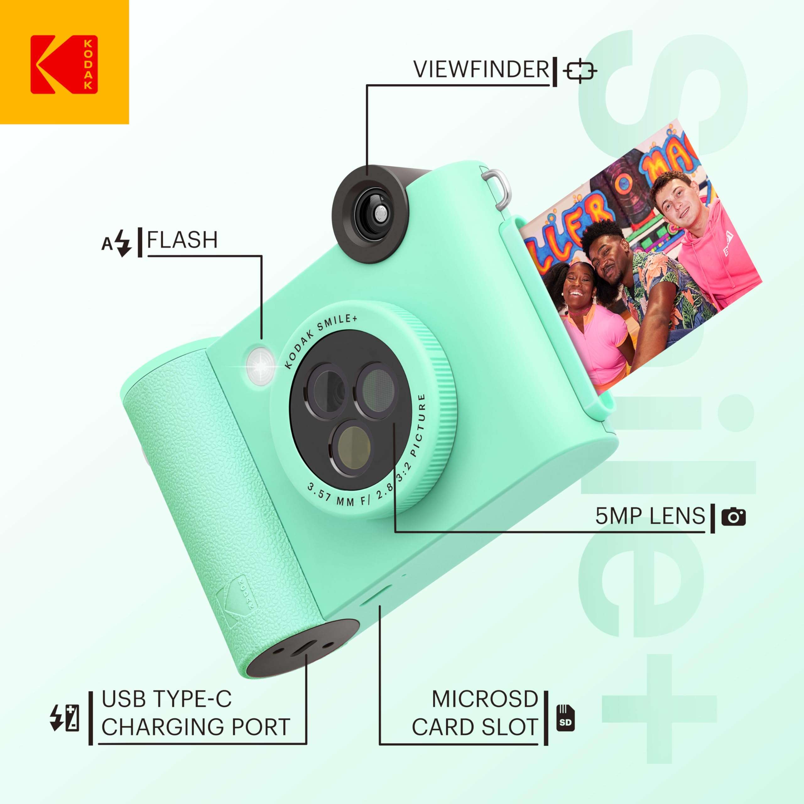 KODAK Smile+ 2-in-1 Digital Instant Print Camera & Wireless Bluetooth Photo Printer Starter Bundle + Soft Case + Zink 20pk Sticky-Back Photo Paper - 10MP, Special-Effect Rotating Lens - Green 3