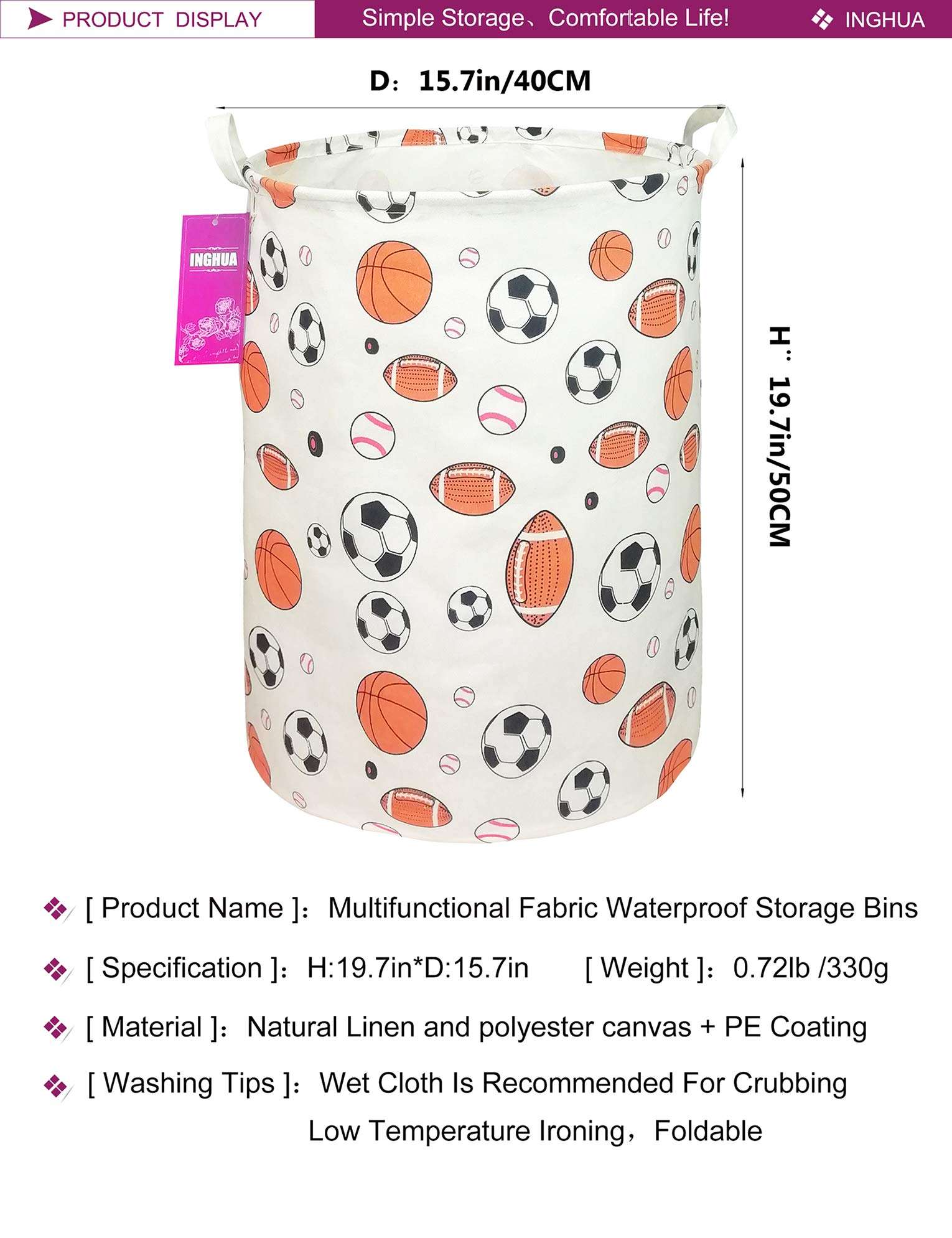 INGHUA Laundry Hamper Large Canvas Fabric Lightweight Storage Basket/Toy Organizer/Dirty Clothes Collapsible Waterproof for College Dorms, Boys and Girls Bedroom,Bathroom(Ball game) 3