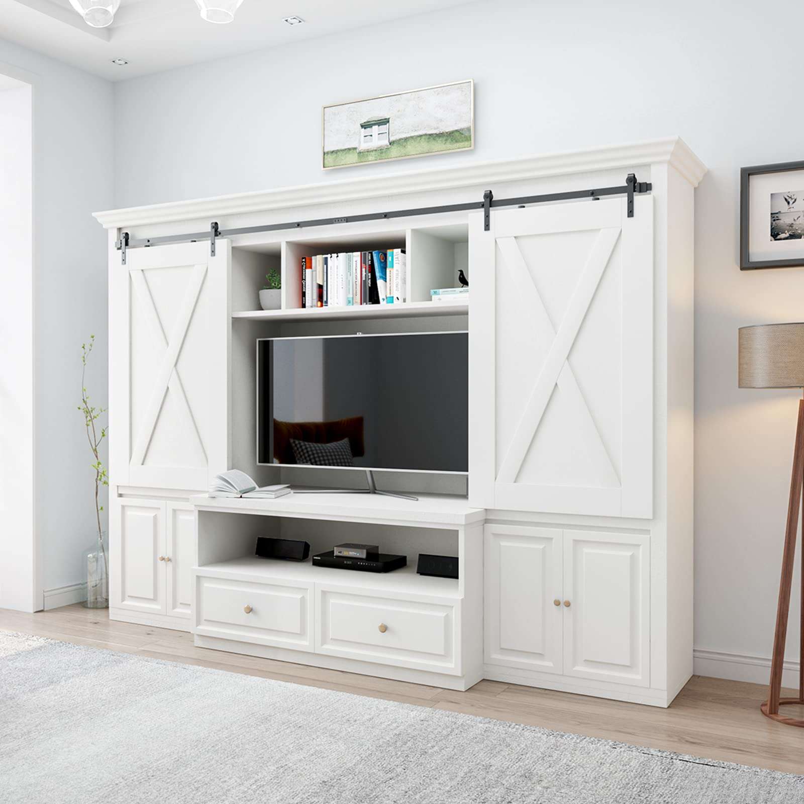 SMARTSTANDARD 7FT Super Mini Double Door Cabinet Sliding Barn Door Hardware Kit, Small Barn Door Hardware Track Kit for TV Stand Cabinet Wardrobe, J Shape Hanger (NO Cabinet) 3