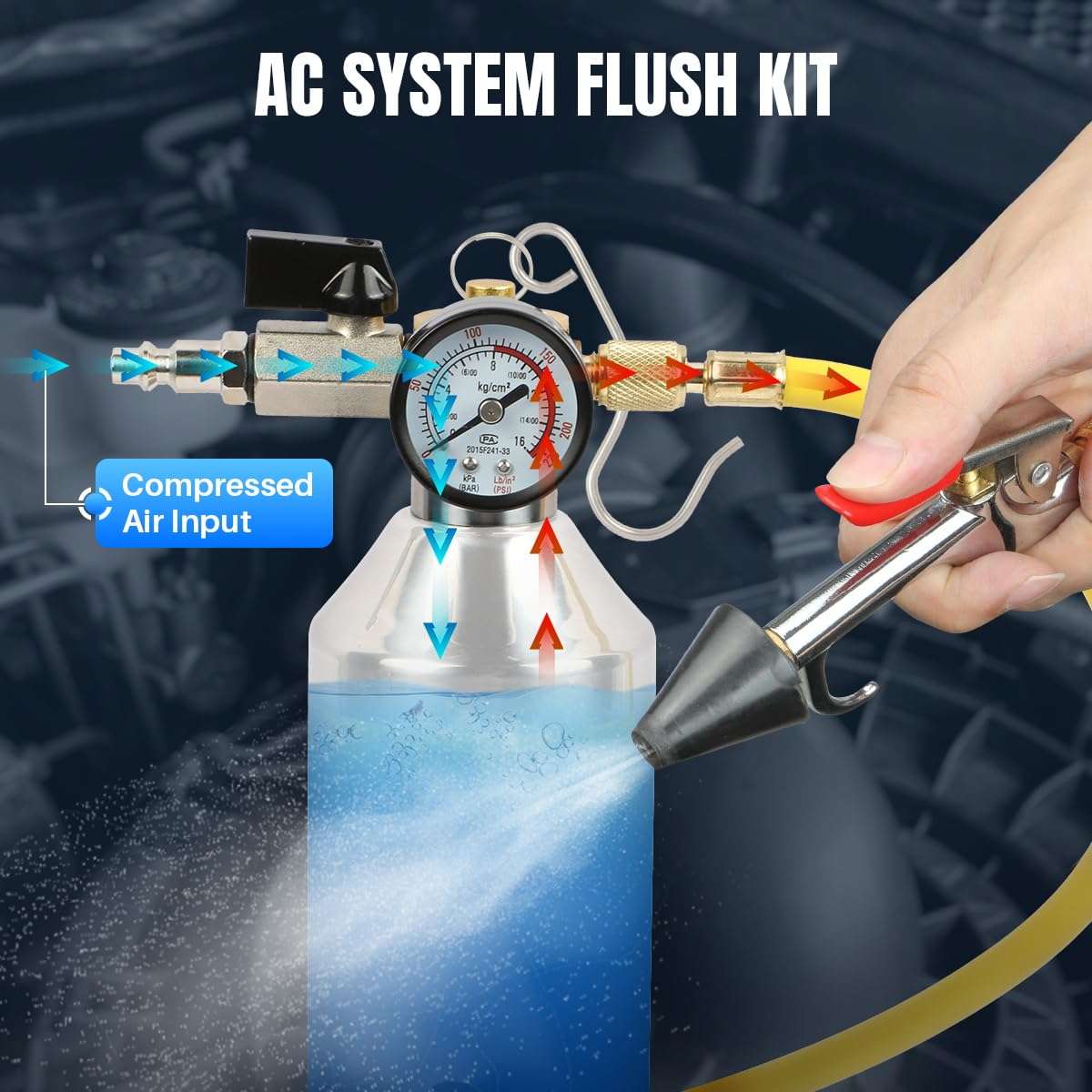 YUANRI AC Flush Kit Home A/C Flush Tool Automotive A/C Flush Kit House AC Flushing Kit 1L Stainless Steel Bottle R134A R12 R22 R404 R410A Air Conditioner System Flush Canister Kit Clean Tool Set 3