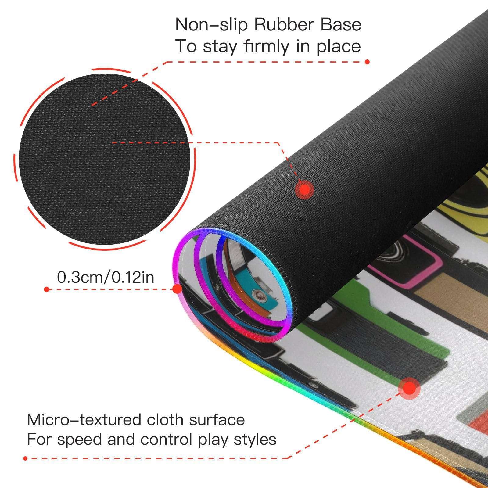 CZXW Old Fashioned Photo Cameras Gaming Mouse Pad Led Mousepads RGB Backlit with 14 Lighting Modes, Non Slip Base Soft Computer Keyboard Mat for Gaming PC Laptop Desk, S 4