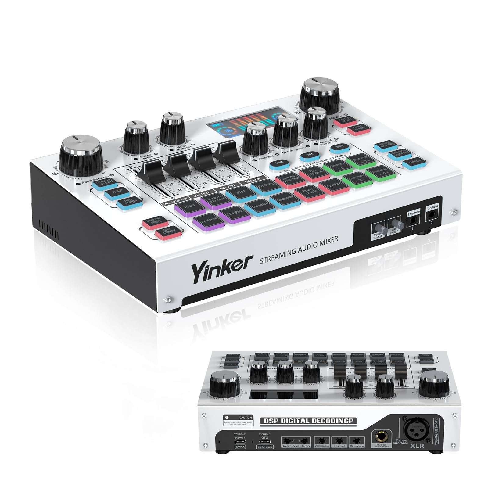 Yinker Streaming Audio Mixer, LCD Gaming Audio Mixer Interface, Live Sound Card with Bluetooth, 48V Phantom Power for Live Streaming Podcast, Recording, Gaming 1
