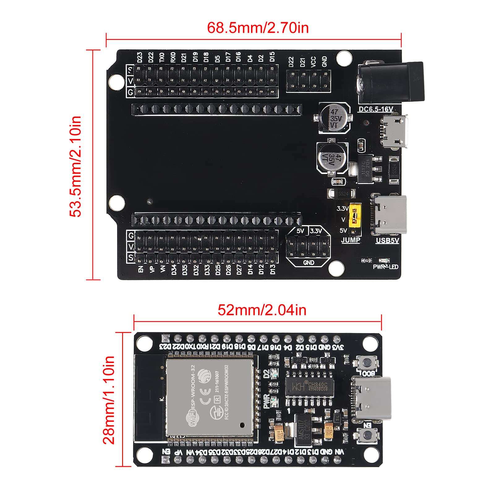 AITRIP 2 Sets ESP-WROOM-32 ESP32 ESP-32S Type-C USB Development Board Type-C USB CH340C WiFi+Bluetooth Ultra-Low Power Dual Core ESP32-DevKitC-32 ESP-WROOM-32 Expansion Board for Arduino 5
