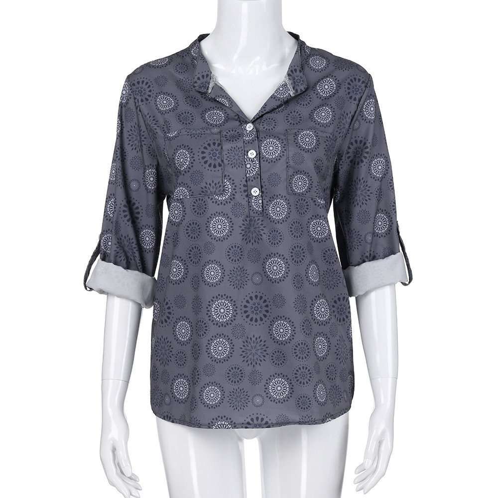 Blouse for Women Long Sleeve Kimloog Women Plus Size Print Long Sleeve Polka Dot Button Blouse Pullover Tops Shirt Gray 6
