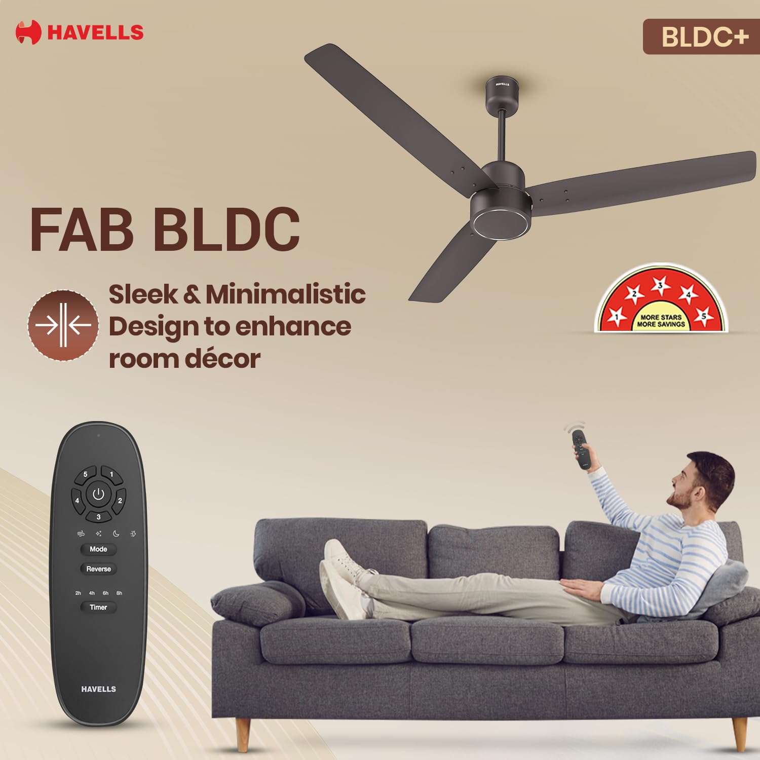 Havells FAB BLDC Ceiling Fan 1200mm, 380 RPM, Savings upto 65%, Reverse Rotation, 4 Modes (Boost, Sleep, Breeze, Mop), Low Wattage 30W, Low Noise, Air Flow:225 CMM, 3 Year Warranty, Cocoa Brown 5