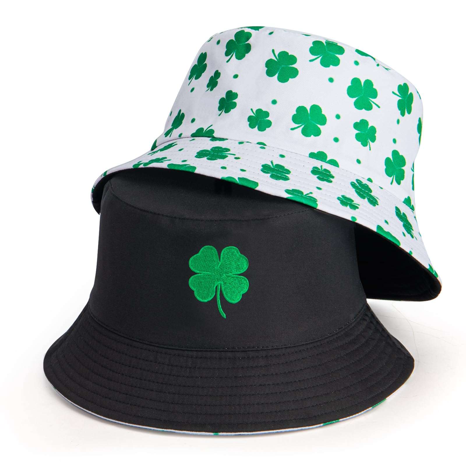 St Patricks Day Bucket Hat Embroidery Lucky Charm Clover Fisherman Hat Double-Side Outdoor Reversible Cap for Men Women Adults 4