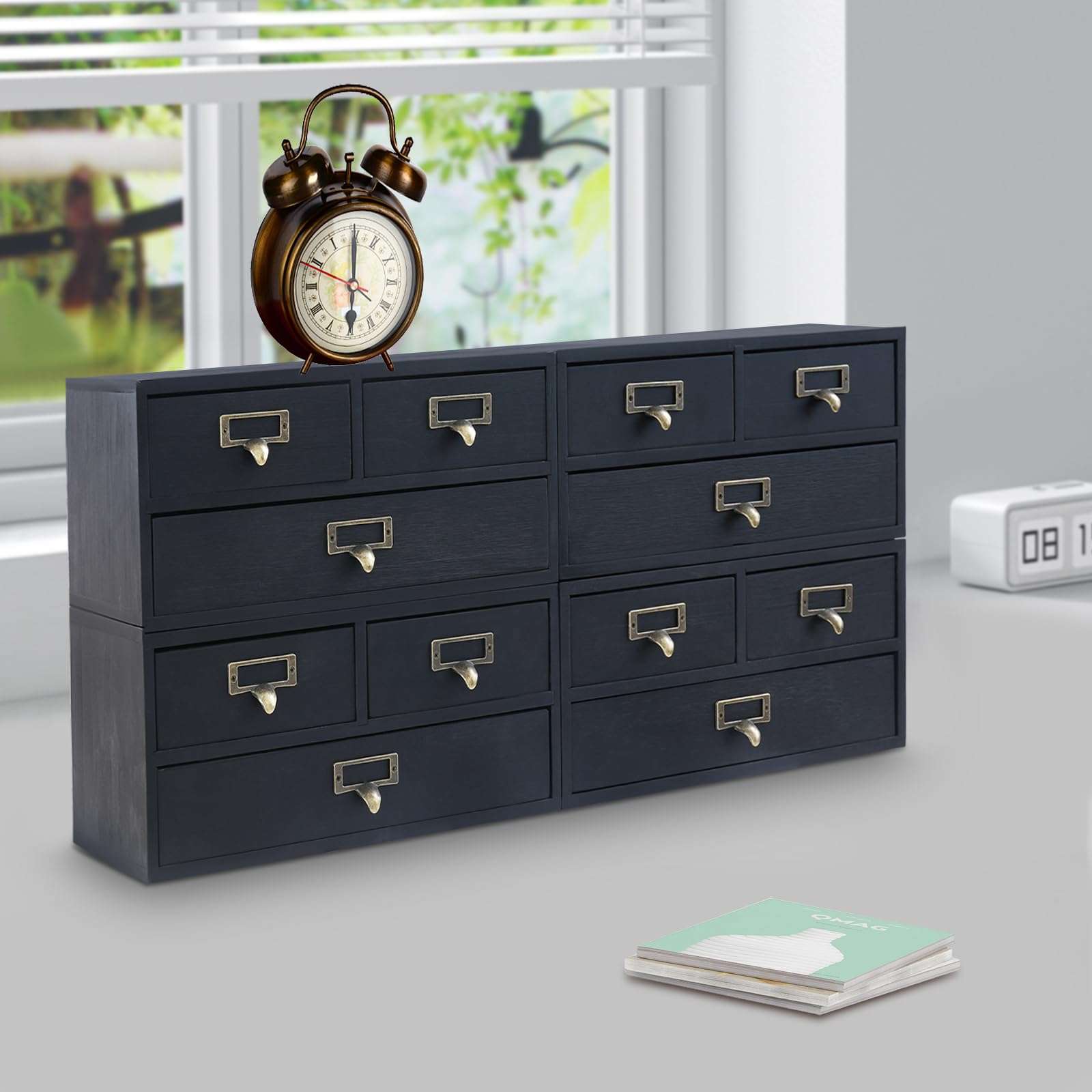 Vintage 12-Drawer Wooden Desk Organizer, 4 Pack 3-Slot Filing Cabinet, Stackable Craft Storage Drawers, Rustic Tool Box, Multilevel Apothecary Cabinet, Ideal Home Office Organizers and Accessories 4