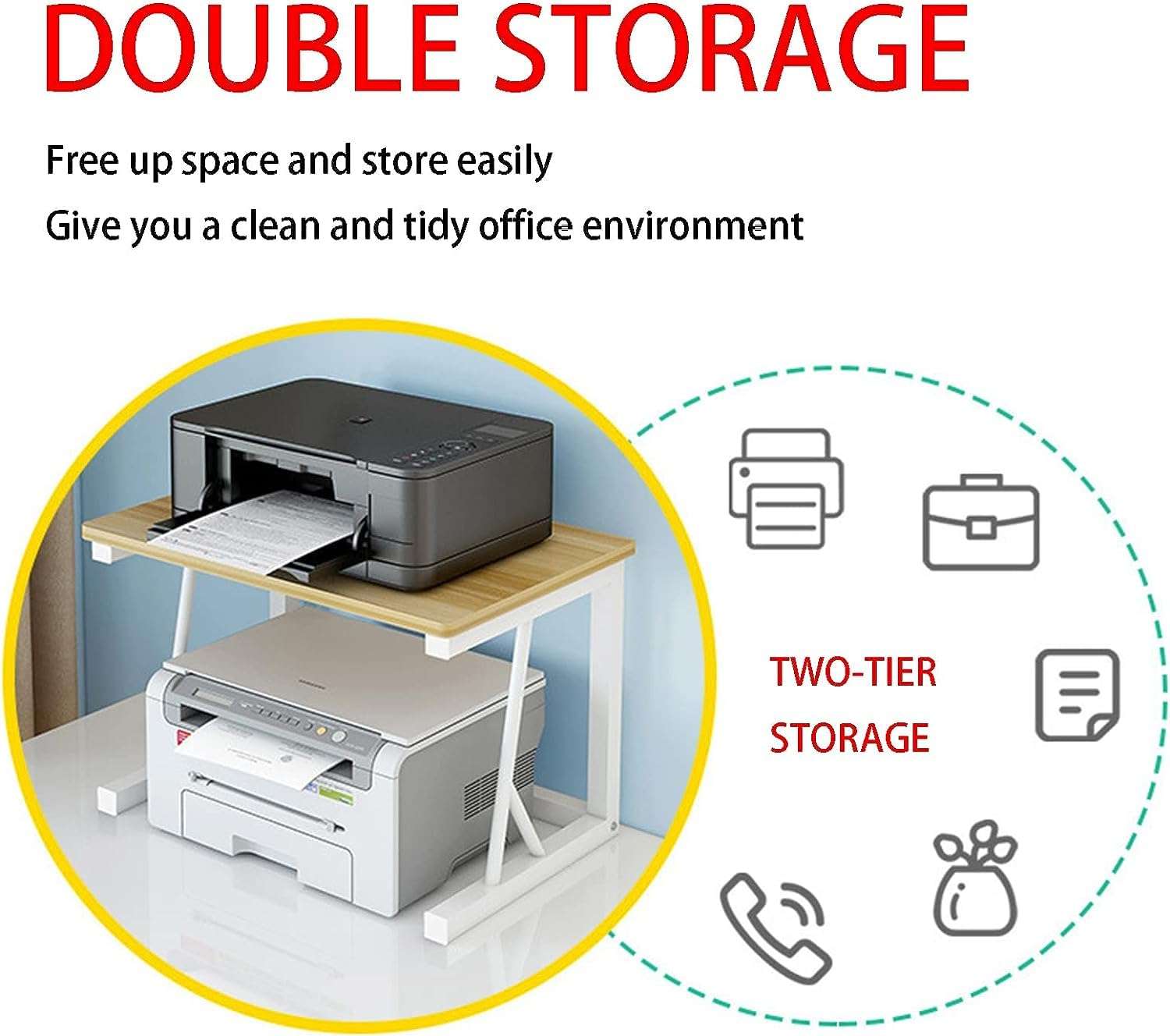 UWEREBFM Printer Stand Printer Stand Printer Desk Stand, Desktop Printer Stand 2 Tier Organizer Shelves, Computer Desktop Countertop Display Shelf Paper Shredder Stand 5