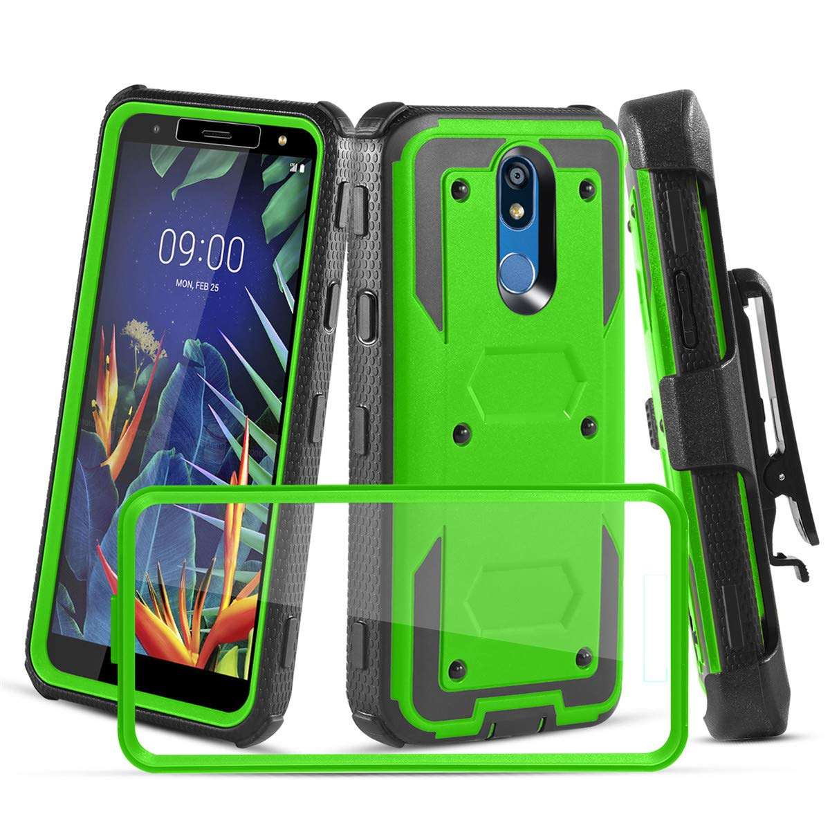 Compatible with K10 2019 Case, K40 Case W [Built-in Screen Protector] Heavy Duty Full-Body Protective Armor Rotatable Belt Clip Holster Case [Kickstand], Green 1