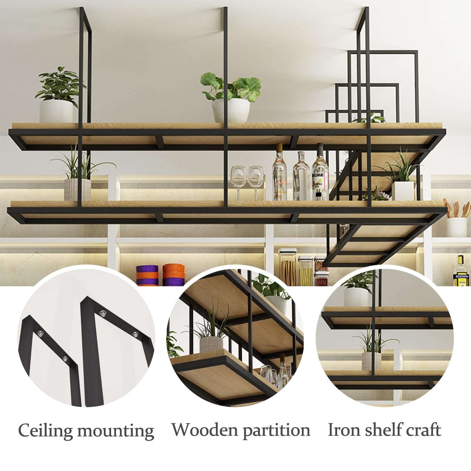 GFRWKCEX Wine Rack Flower Plant Hanging Stand - Metal Iron Ceiling Display Shelf, 2 Tier Floating Decorations Holder, Bar Counter Decor Shelving(110x30x80cm) 4