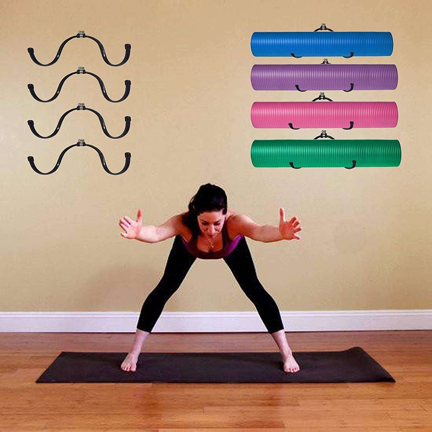Wall Mount Yoga Mat Foam Roller and Towel Rack Hooks , Exercise Mat Storage Shelf for Hanging Yoga Strap and Resistance Bands at Your Fitness Class or Home Gym, Adjustable Size,Up to 20Lbs - （2 Pack） 6