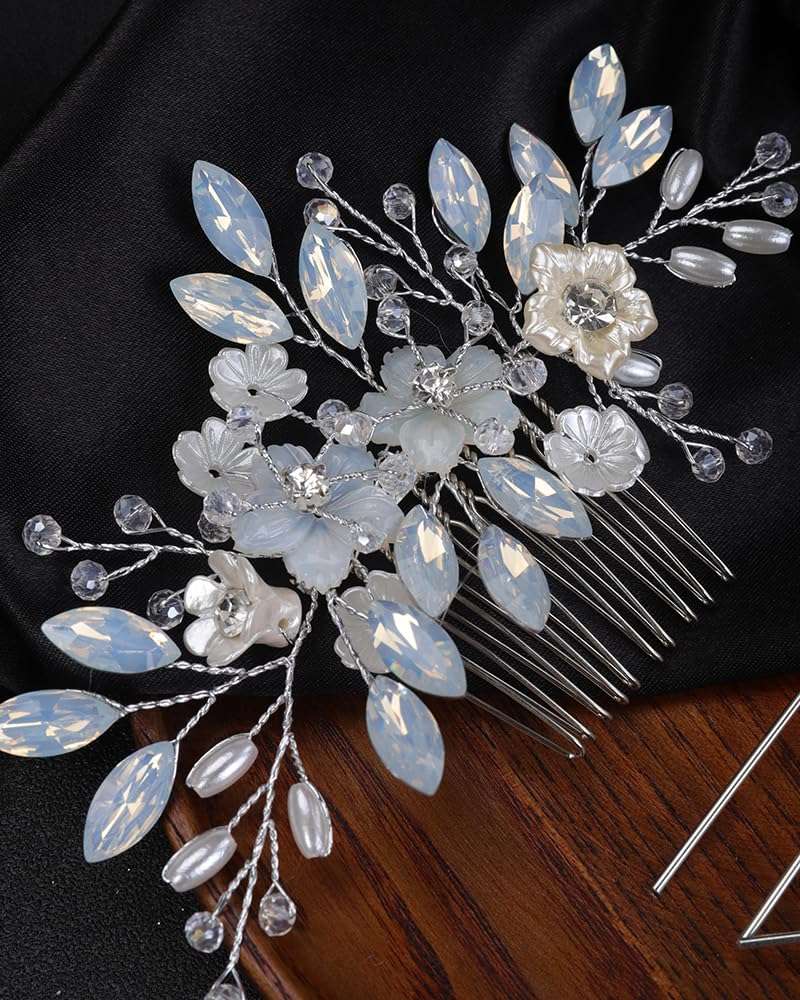Rumtock Opal Crystal Beads Silver Hair Comb Hair Pins Set for Wedding Brides Women Banquet Dancing Ball Handmade Hair Piece (Silver) 4